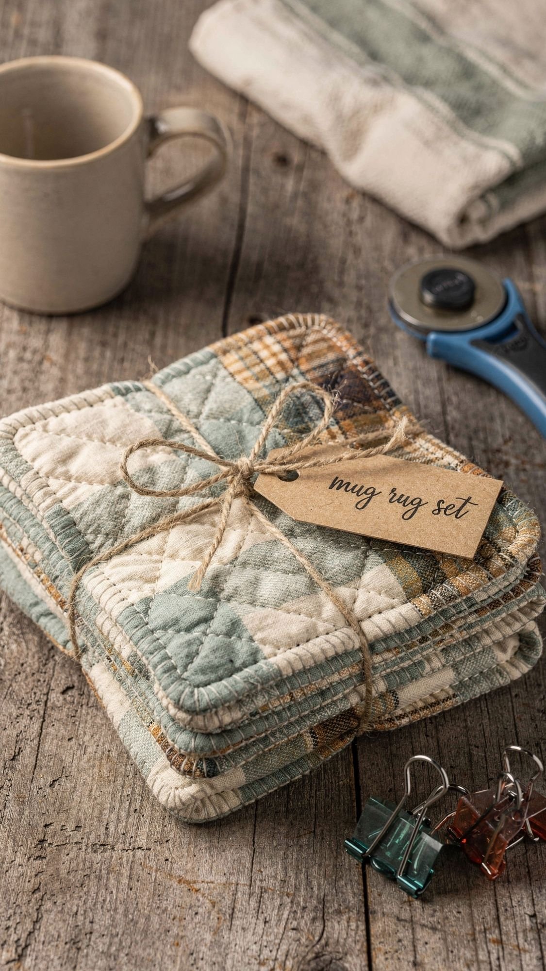 A stack of quilted mug rugs tied with twine and labeled mug rug set sits on a rustic wooden table—an ideal homemade gift for grandma—alongside a mug, rotary cutter, towels, and binder clips.
