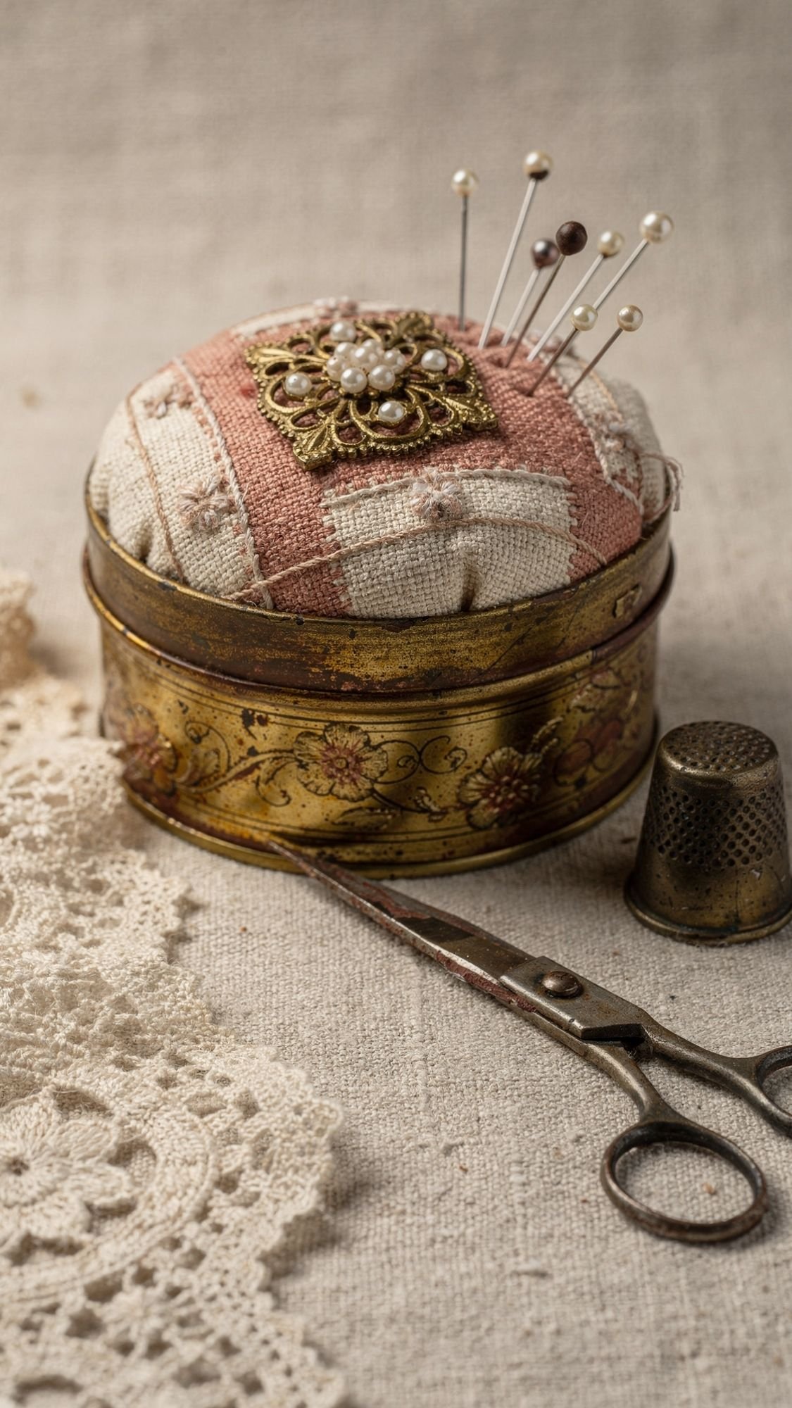 A vintage pincushion in a decorative metal tin holds several pins with white and black heads, next to an ornate pair of scissors, a metal thimble, and lace—perfect inspiration for homemade gifts or DIY presents for grandma.