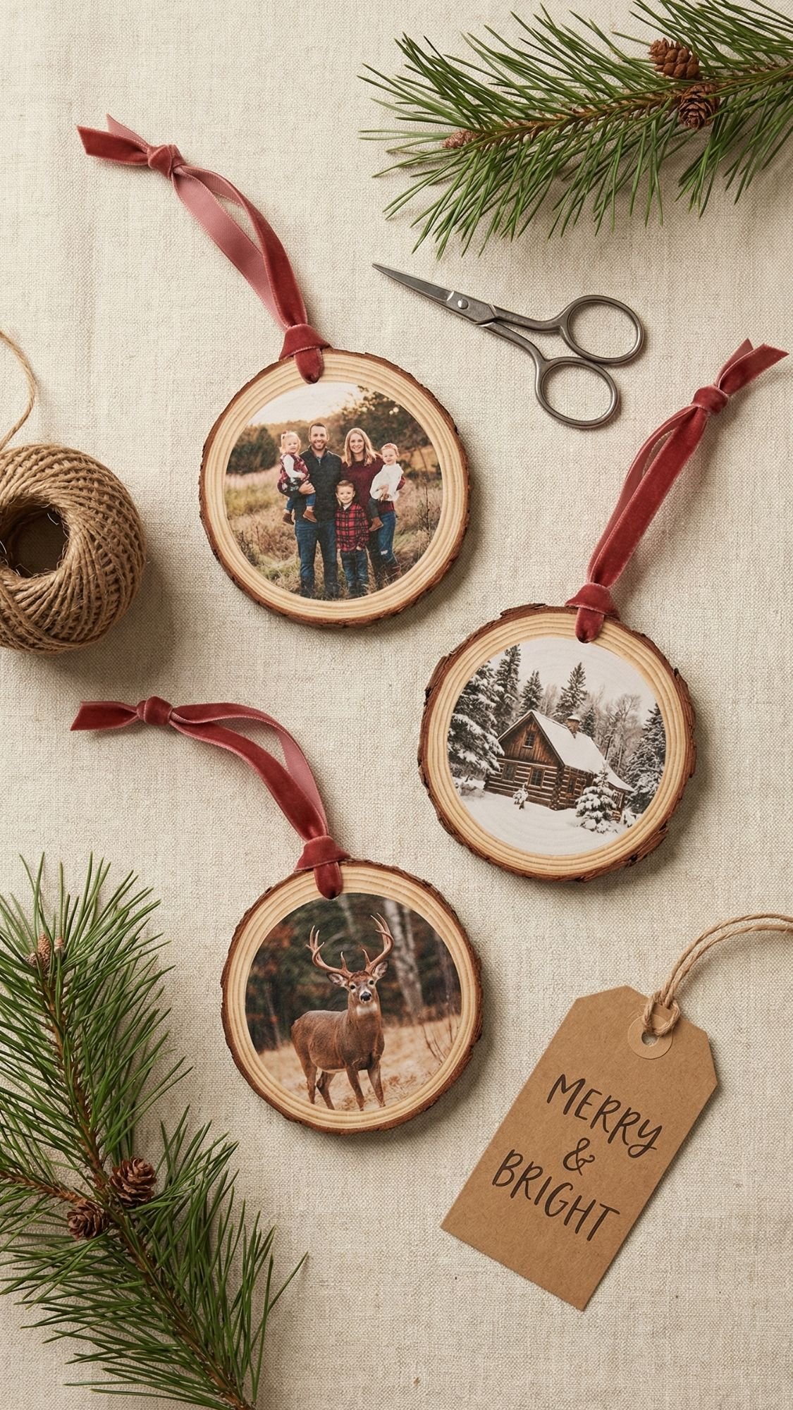 Three round wooden ornaments with red ribbons display photos of a family, a cozy cabin, and a deer. Surrounded by pine branches and twine, they make charming DIY gifts for grandma on a beige fabric background with a “MERRY & BRIGHT” tag.