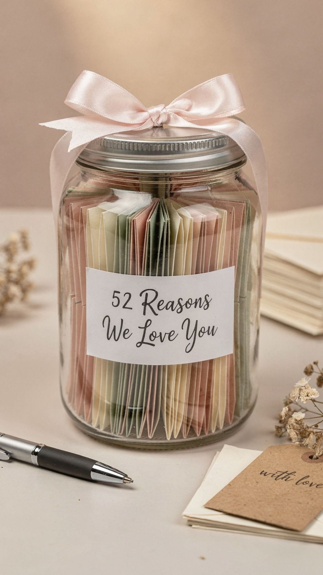 A glass jar with a pink ribbon holds 52 folded notes and a label reading 52 Reasons We Love You. Sweet DIY gifts like this, with a pen, dried flowers, and a love-labeled envelope on beige, make simple gifts for grandma extra special.