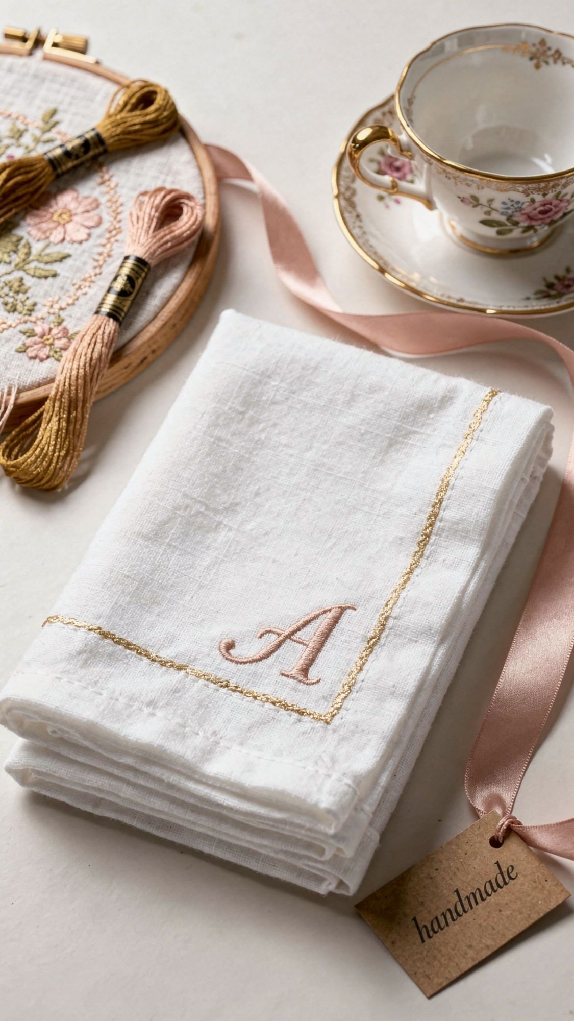 A white embroidered linen napkin with a gold border and a pink letter A, perfect as one of those simple gifts for grandma, sits beside pink and gold threads, a floral teacup and saucer, an embroidery hoop, and a handmade tag with a pink ribbon.
