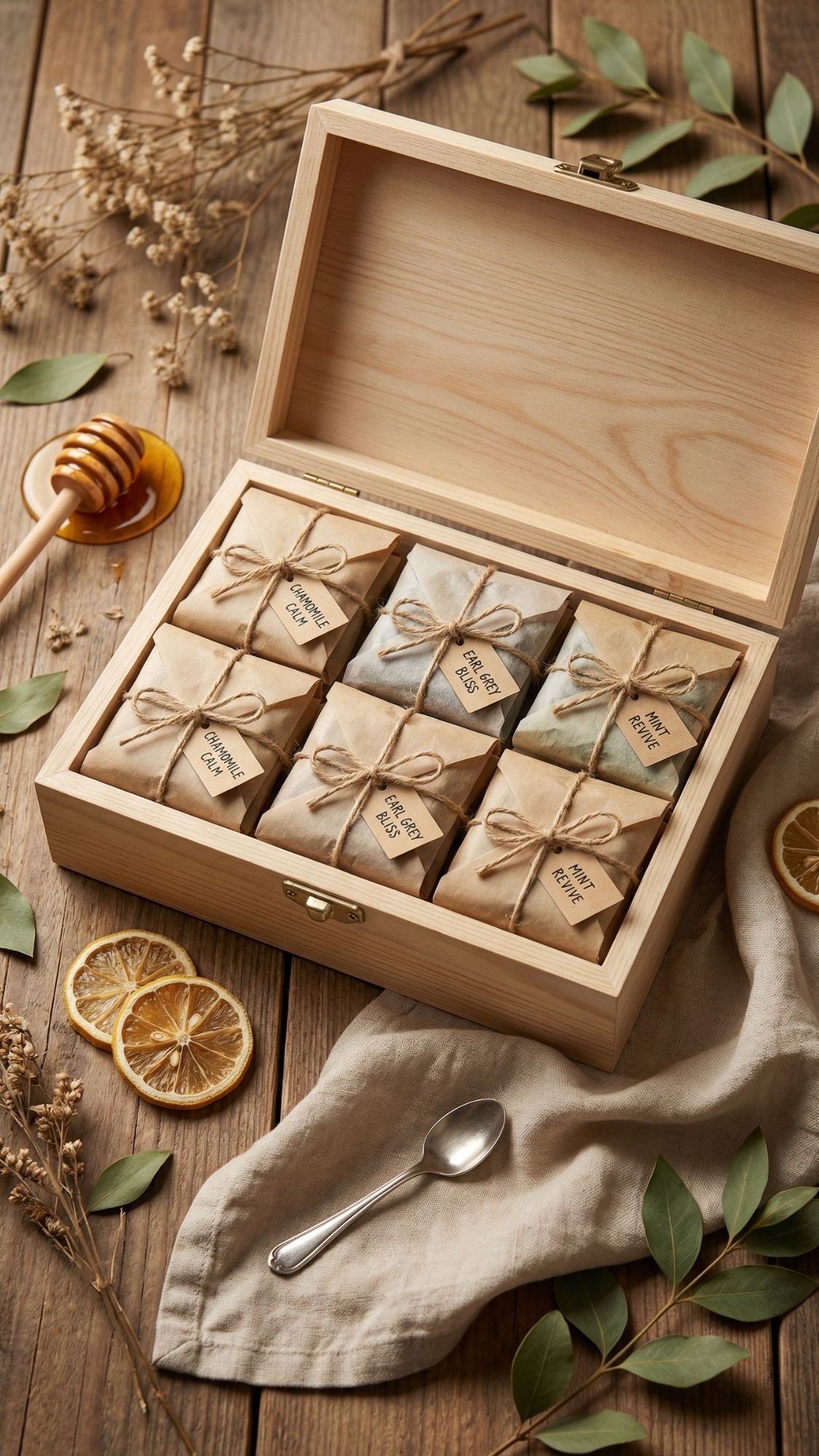 A wooden box filled with nine neatly wrapped soap bars tied with twine, perfect as simple DIY gifts for grandma, placed on a rustic wooden table with dried leaves, orange slices, a honey dipper, a spoon, and a beige cloth for decoration.