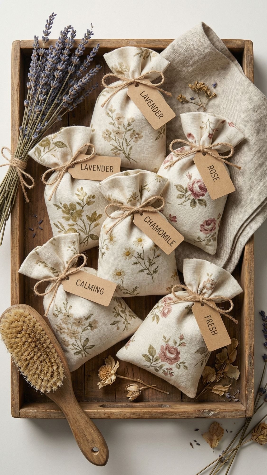 A wooden tray with bags of lavender makes a thoughtful DIY present for grandma, perfect for anyone seeking unique homemade gifts for grandma.