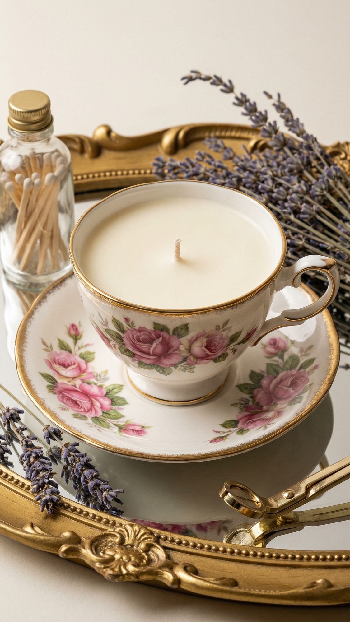 A floral teacup candle sits on a matching saucer atop a gold tray, surrounded by dried lavender, matches, and wick trimmers—a charming display perfect for homemade gifts for grandma and cozy moments together.