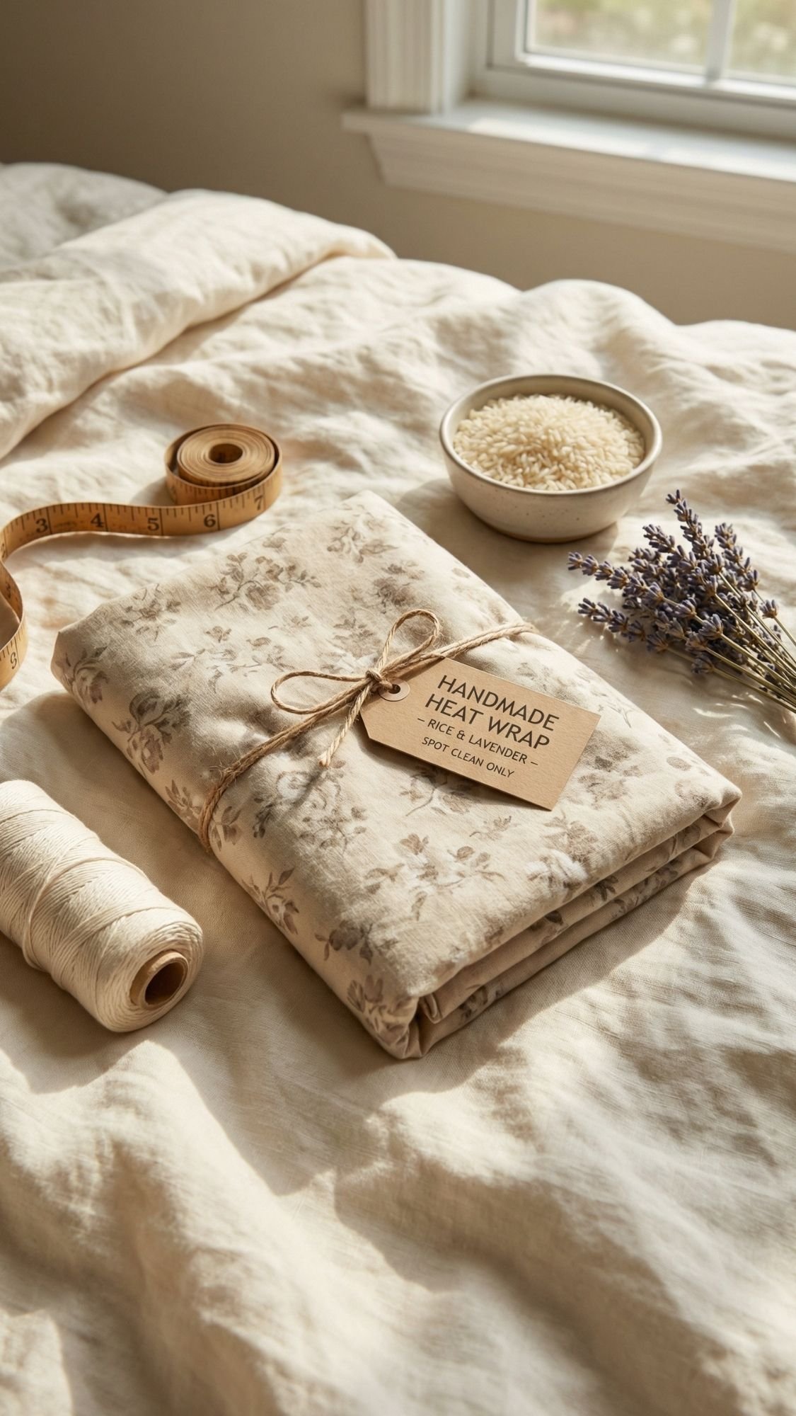 A folded, floral-patterned handmade heat wrap—perfect as one of those simple gifts for grandma—is tied with twine on a bed beside a tape measure, spool of thread, bowl of rice, and lavender, all bathed in soft sunlight.