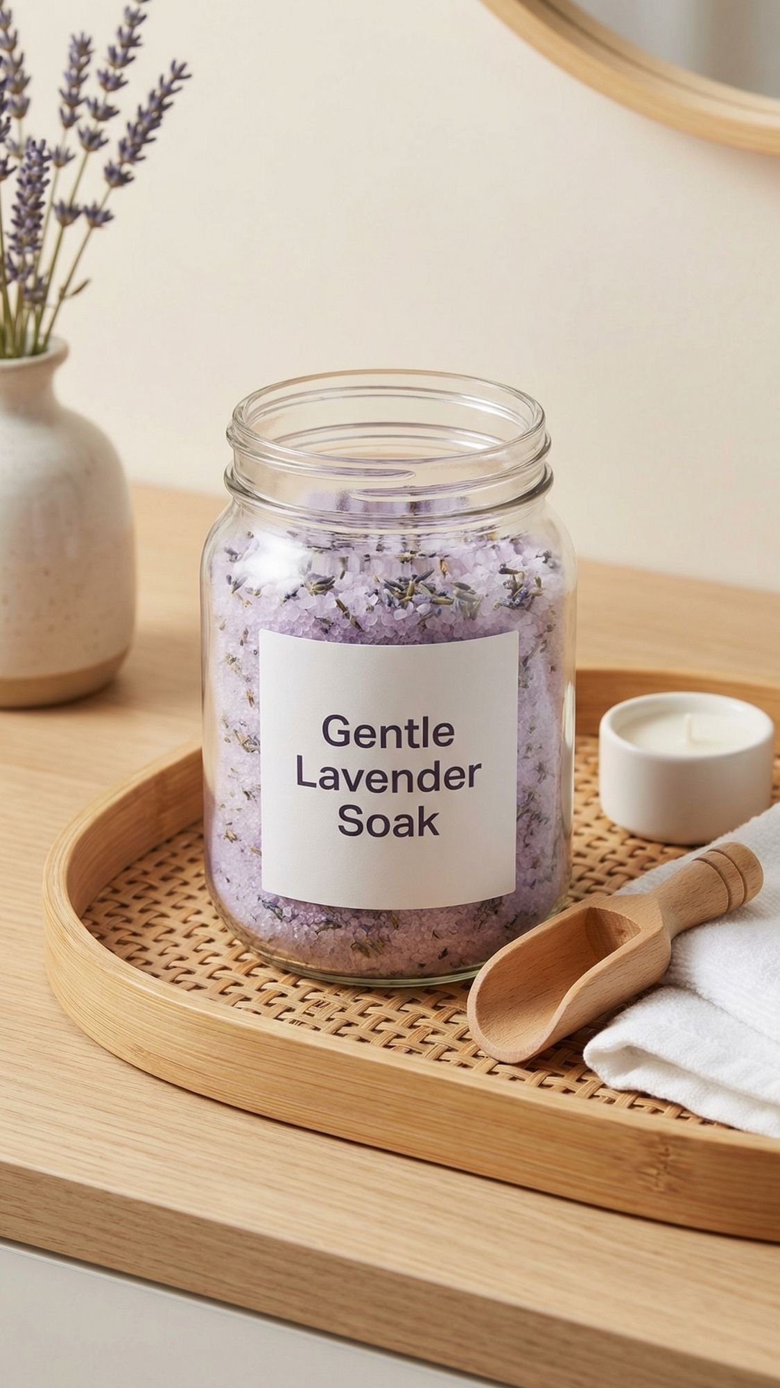 A glass jar labeled Gentle Lavender Soak sits on a wicker tray with a wooden scoop—perfect for homemade gifts. Nearby, a vase of lavender and a tealight candle rest on a light wooden surface, creating an ideal DIY present for grandma.