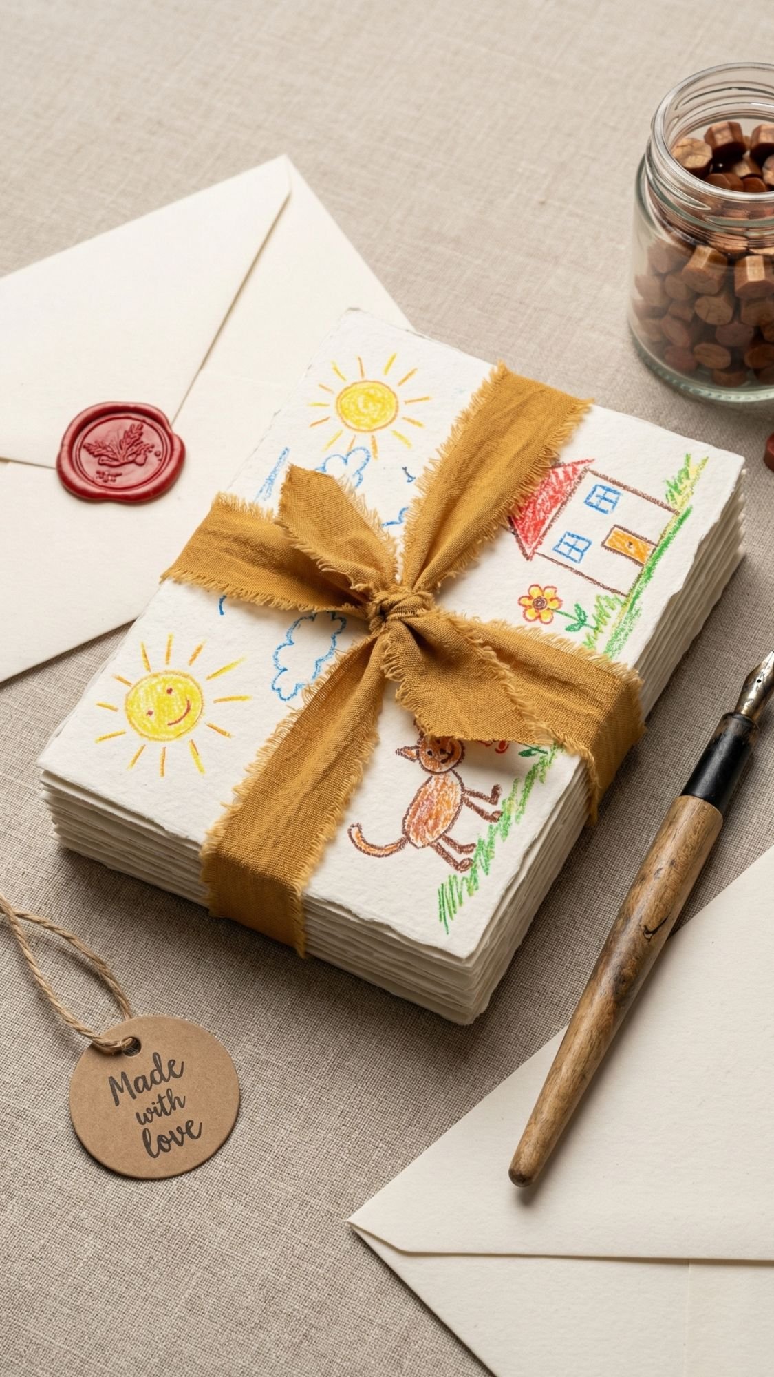 A stack of hand-drawn cards tied with a golden ribbon, featuring child-like drawings of a house, sun, and a cat—perfect homemade gifts for grandma. Nearby are envelopes, a wax seal, a jar of stamps, a wooden pen, and a tag reading Made with love.