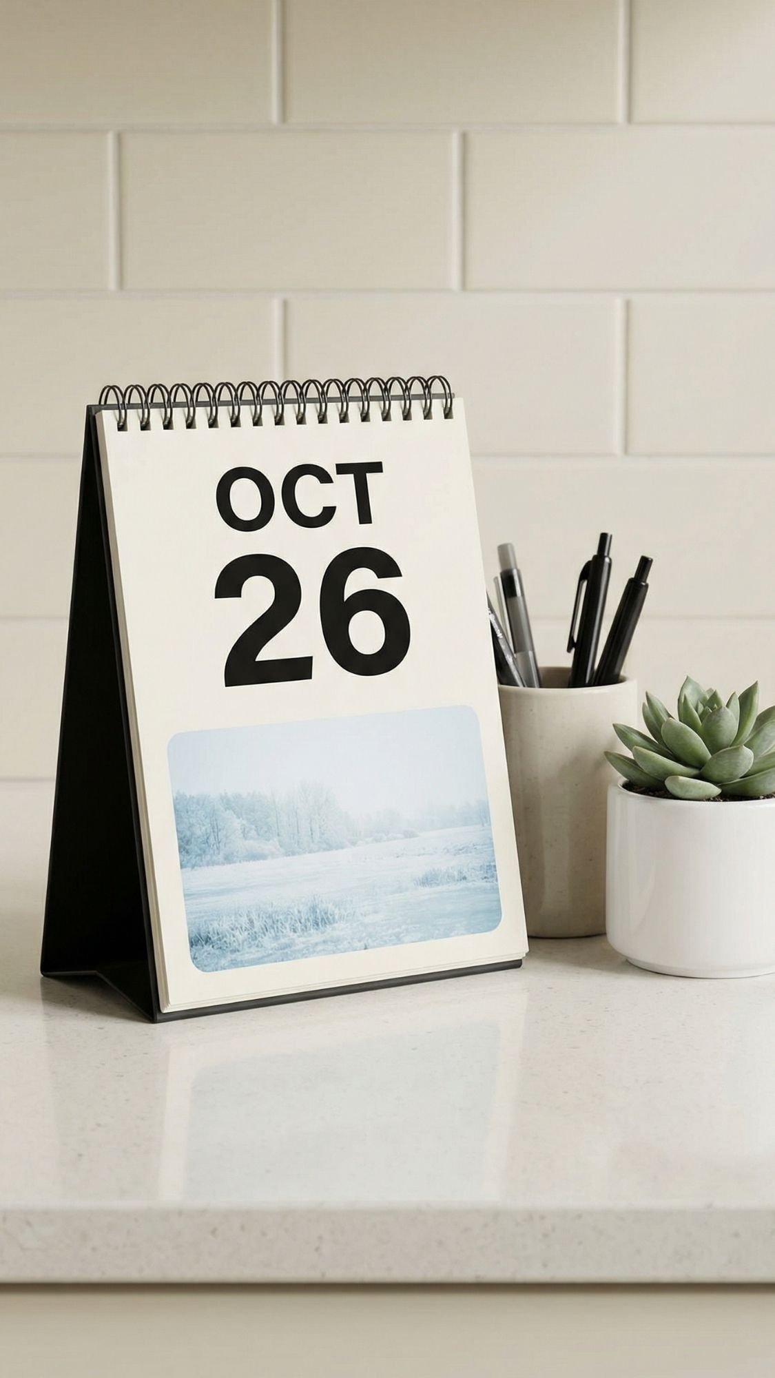 A desktop calendar displaying OCT 26 sits on a white counter next to a cup of pens and a small potted succulent. The calendar, perfect as one of those DIY gifts for grandma, features a landscape photo at the bottom. White tiled wall in background.