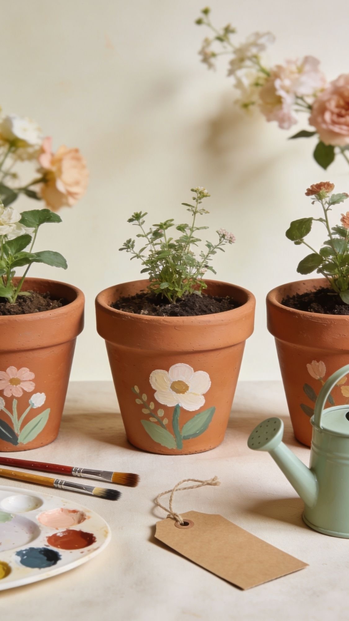 A group of clay pots with flowers painted on them—perfect as homemade gifts for grandma.