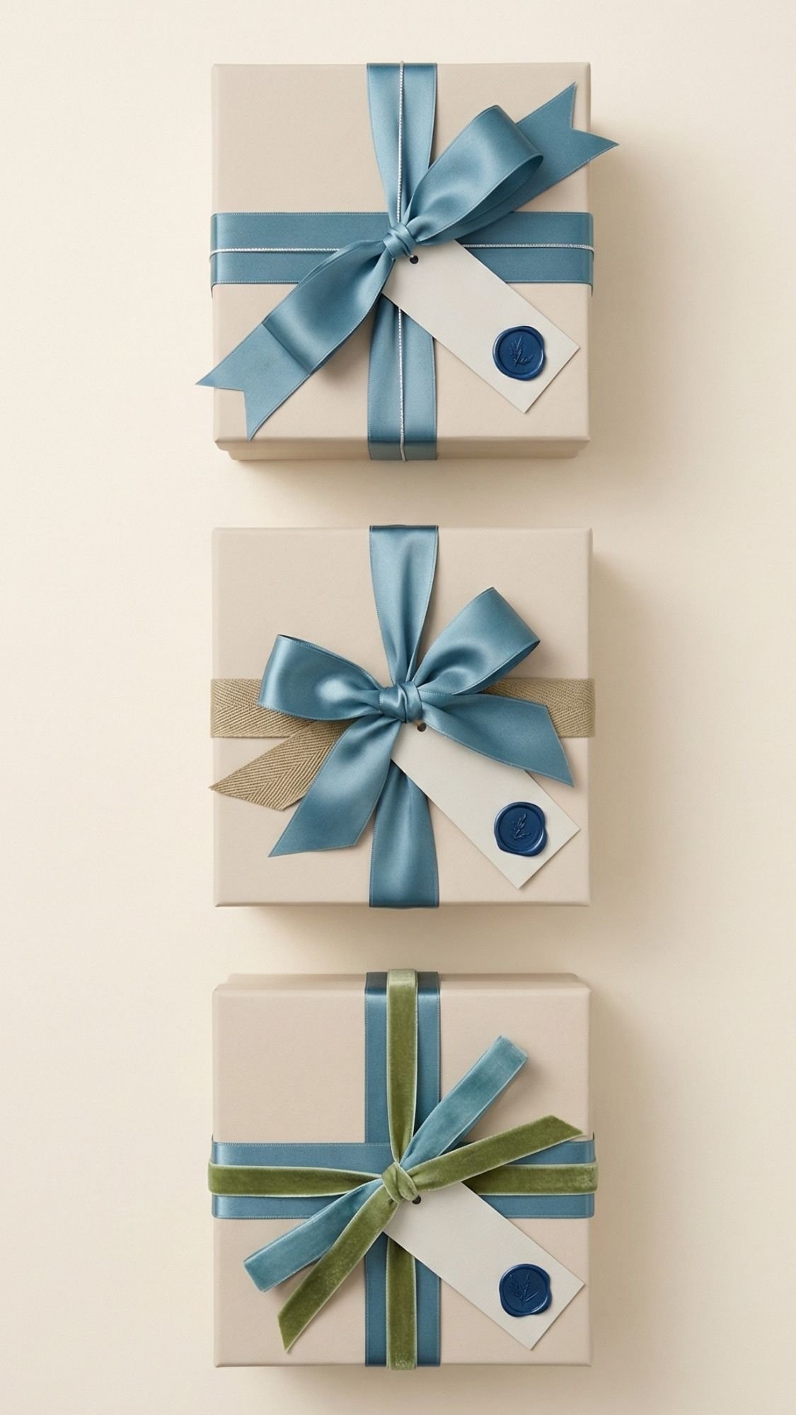 Three neatly wrapped gift boxes in neutral paper—perfect as easy handmade gifts—each tied with a different colored ribbon and adorned with a white tag featuring a blue wax seal, arranged vertically on a light background.