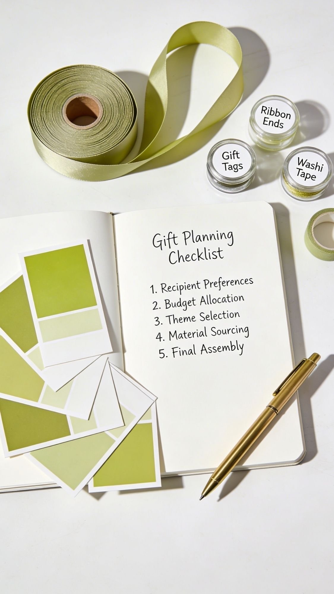A notebook open to a Gift Planning Checklist sits on a table with a gold pen, green paint swatches, ribbon, washi tape, and labeled jars—perfect inspiration for Handmade Gift Ideas and creative touches for Best Friend Gifts.