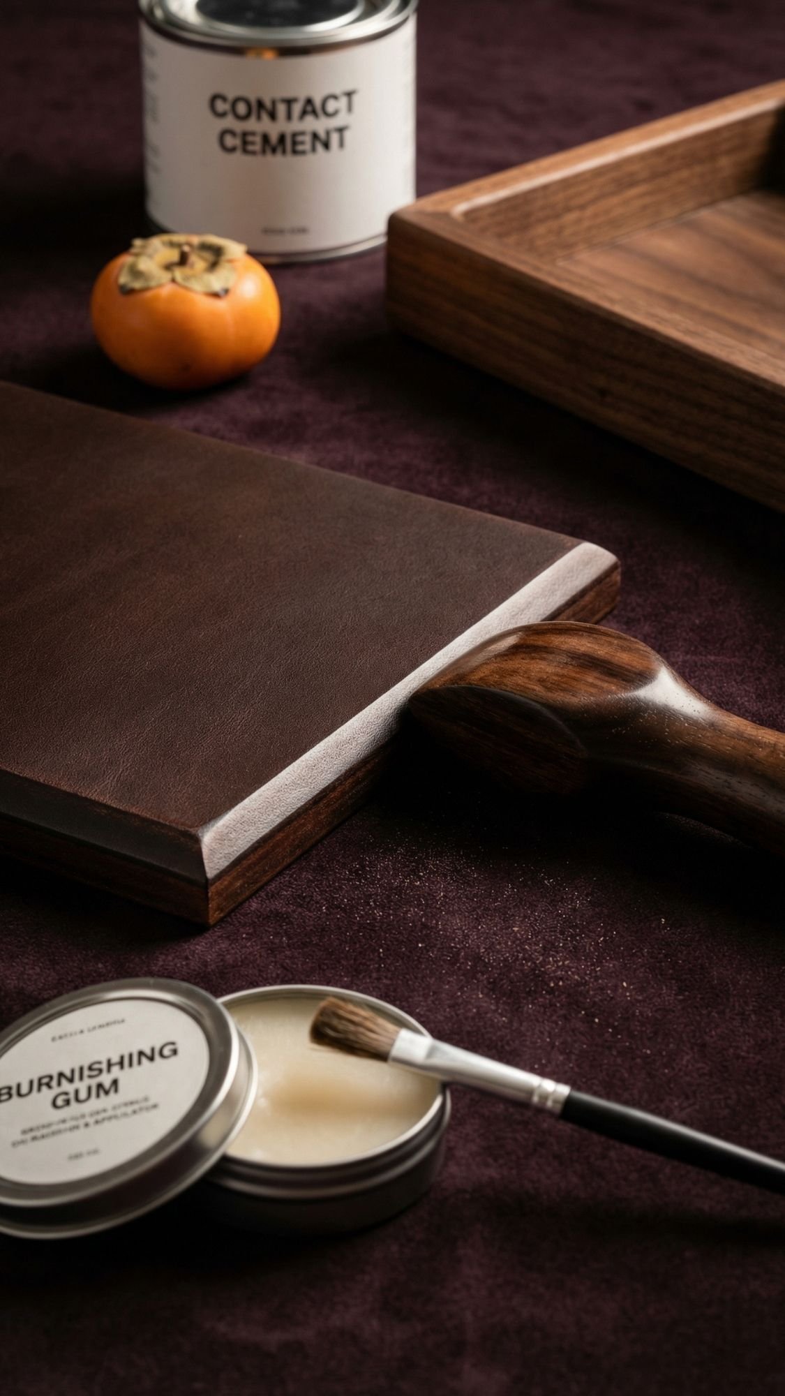 A wooden handled leather strop beside a tin of burnishing gum with a brush, contact cement, a wooden tray, and a persimmon on a dark textured surface—perfect for those seeking useful handmade gifts.