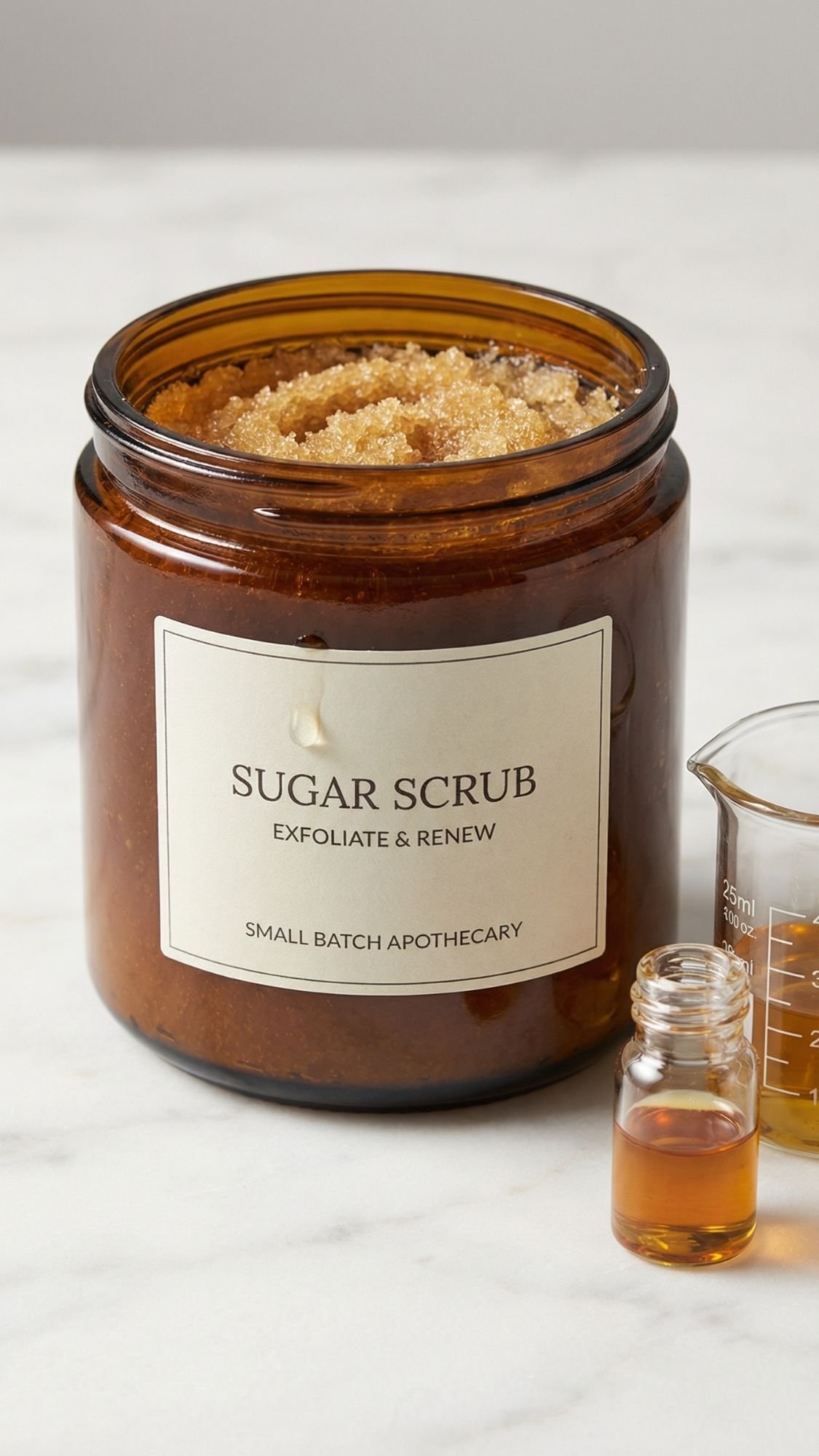 A brown glass jar labeled Sugar Scrub, Exfoliate & Renew, Small Batch Apothecary sits on a marble surface—perfect for DIY spa gifts or presents for mom—filled with coarse brown scrub. Next to it are a small glass bottle with liquid and a measuring beaker.
