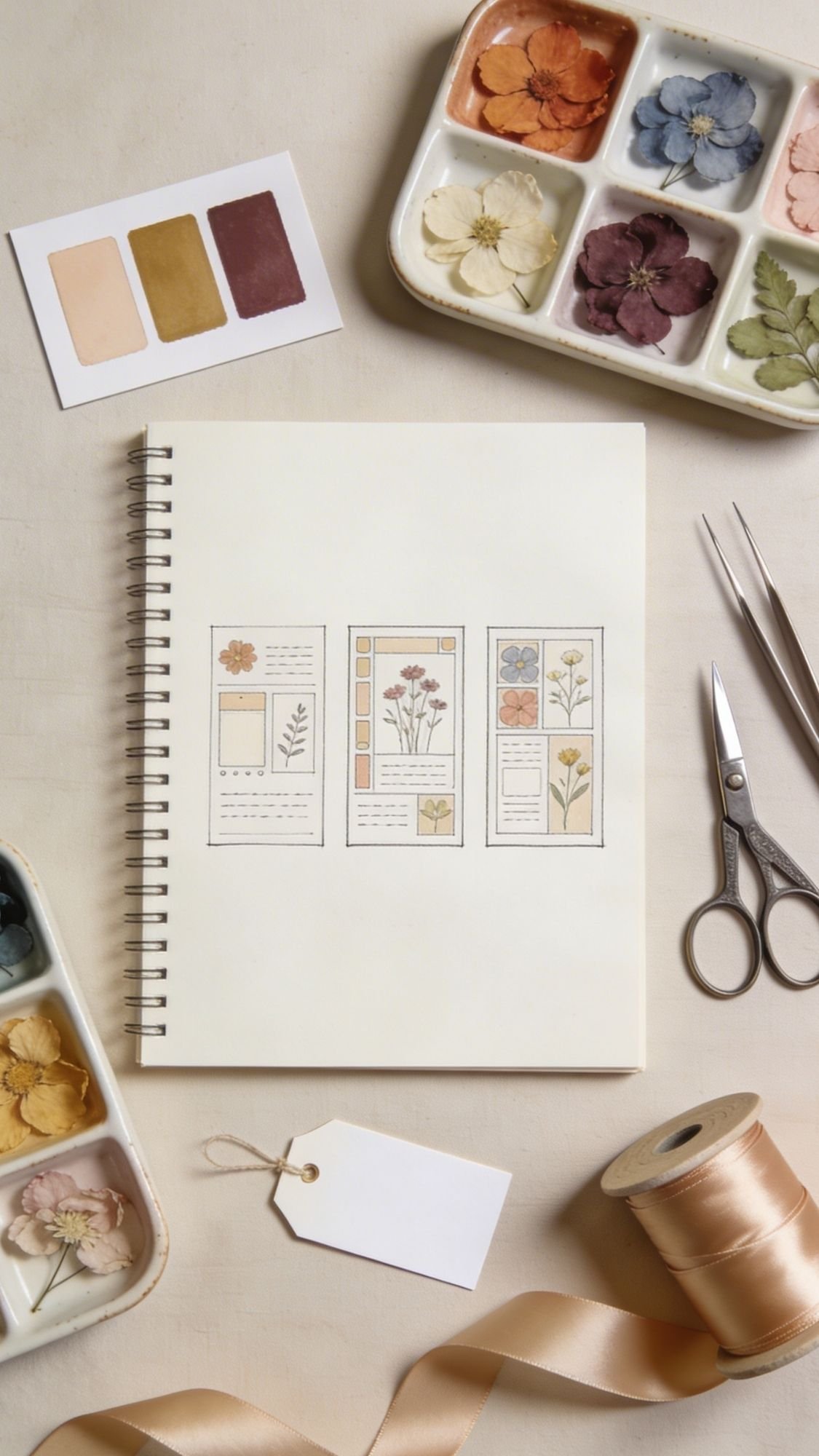 A spiral notebook with botanical sketches is surrounded by preserved flowers, watercolor palettes, scissors, ribbon, a blank tag, and swatches on a cream-colored surface.