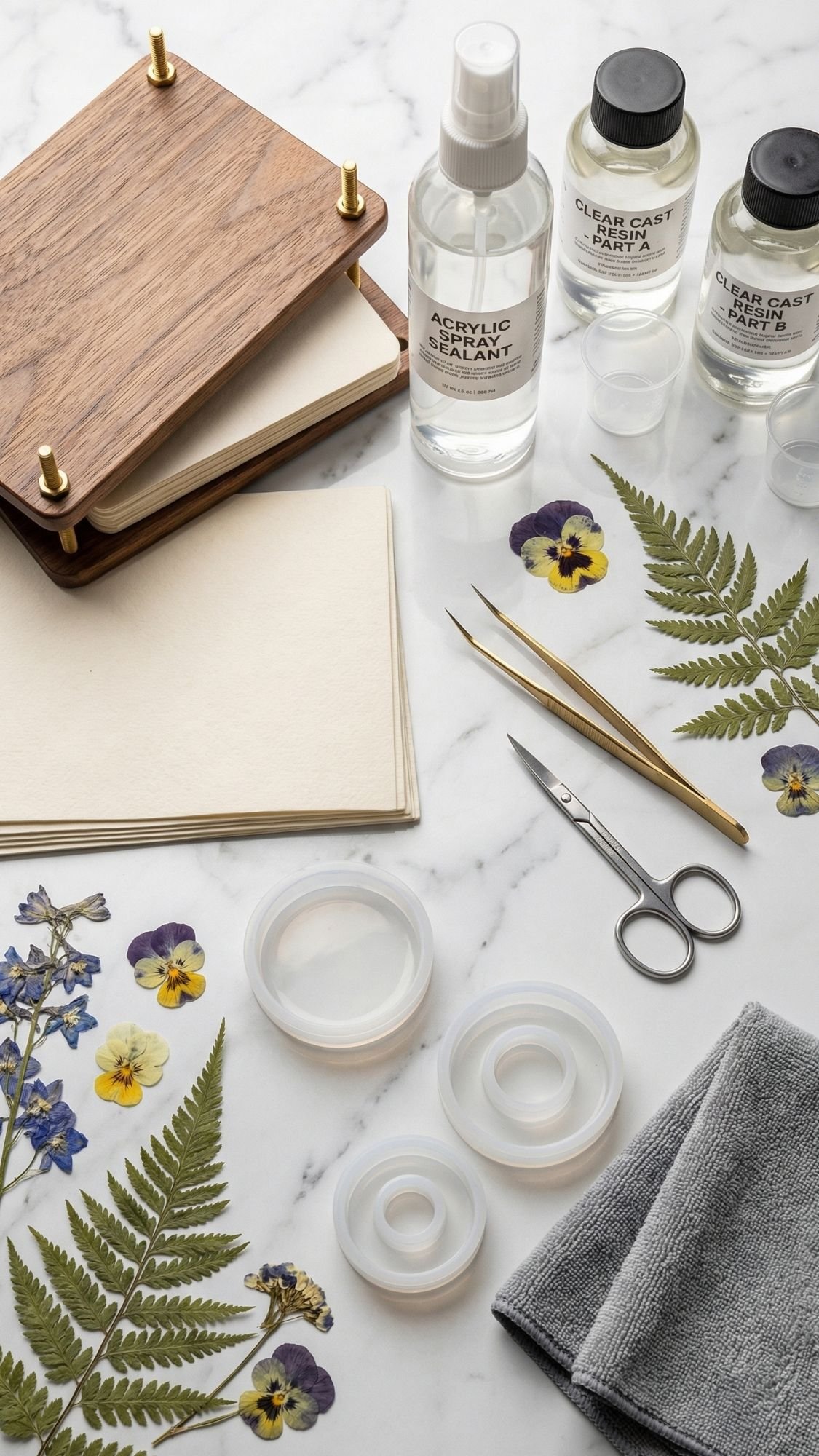 Pressed flowers, ferns, a wooden journal, blank paper, and supplies for preserved flower crafts are arranged on a white marble surface—perfect for creating unique DIY flower gifts or pressed flower presents.
