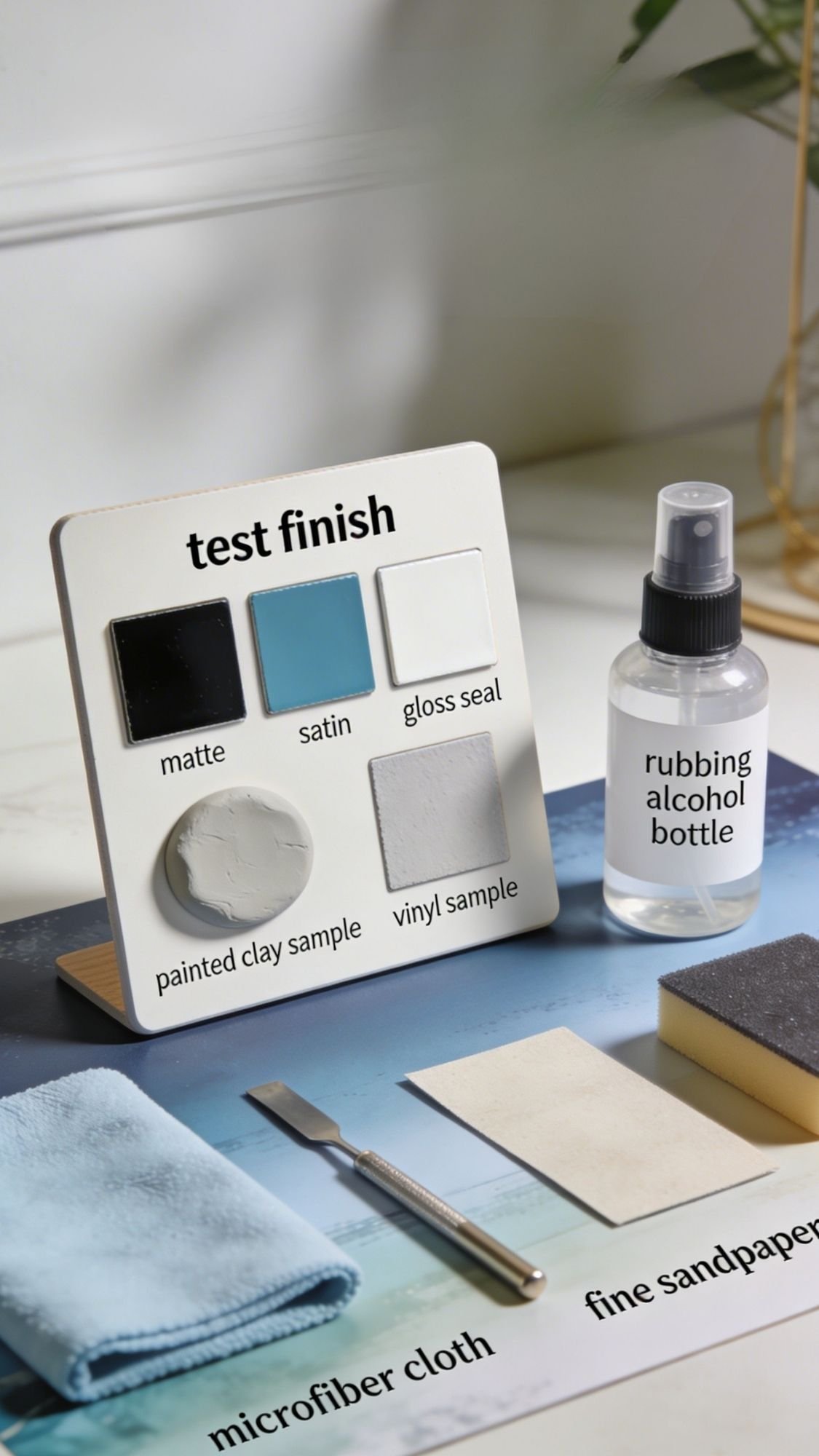 A display board shows finish samples labeled matte, satin, gloss seal, painted clay sample, and vinyl sample—perfect inspiration for handmade birthday gifts. Nearby are rubbing alcohol, a microfiber cloth, fine sandpaper, a sponge, and a metal tool.