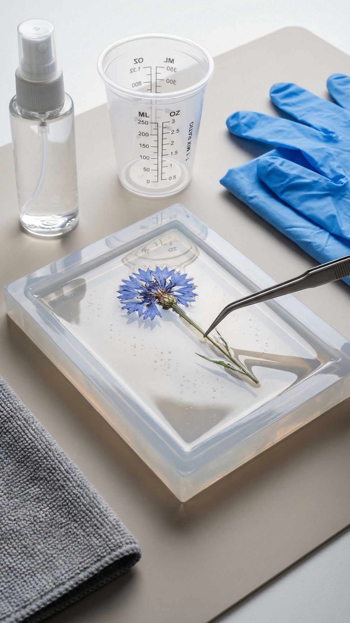 A blue flower is being placed into a clear rectangular mold with tweezers for a DIY Flower Gifts project. Nearby are a spray bottle, measuring cup, blue gloves, and gray cloth, set on a neutral background.
