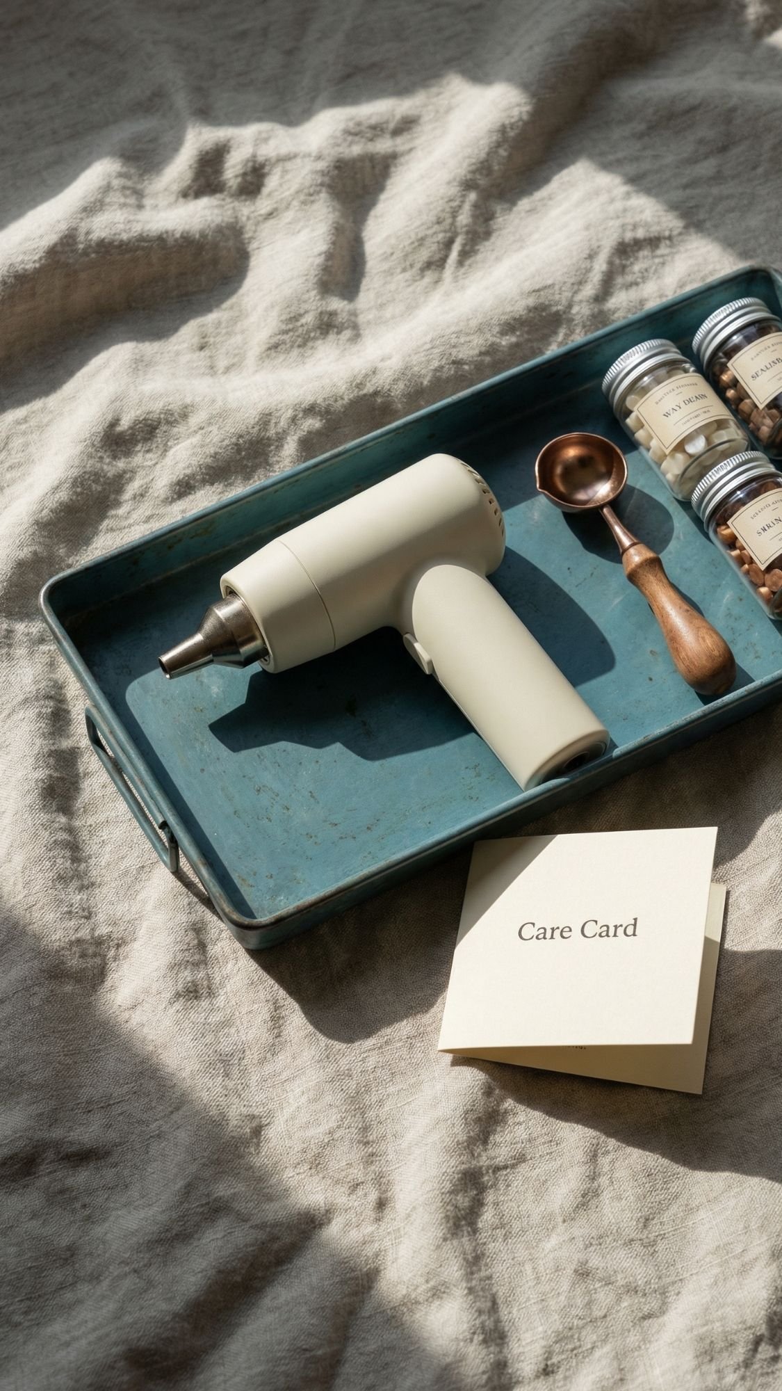 A cream-colored electric screwdriver, a copper scoop, and small labeled jars are arranged on a blue tray atop a textured beige cloth—thoughtful gift ideas for any occasion. In the foreground, a folded Care Card rests beside the tray.