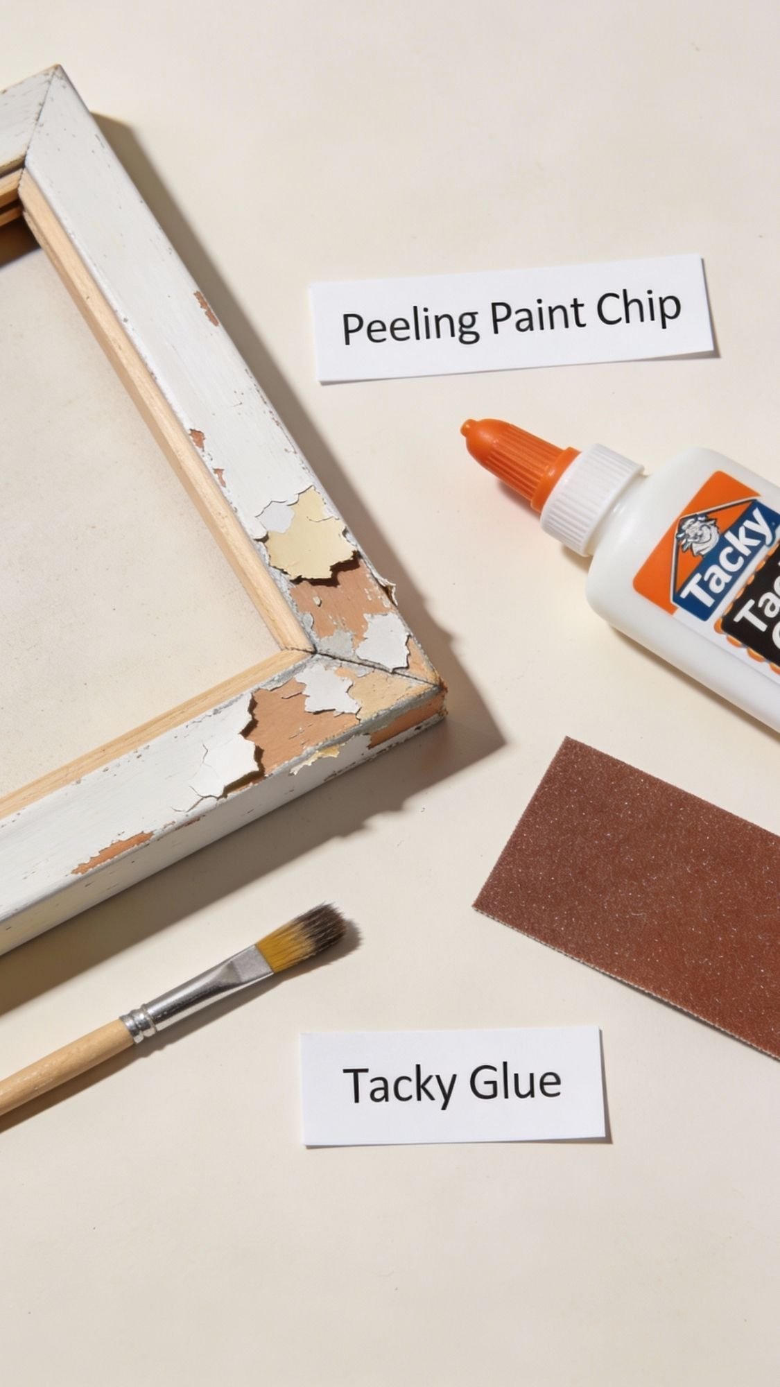 A peeling, chipped wooden frame, a bottle of tacky glue, a paintbrush, and sandpaper are arranged on a white surface—perfect supplies for kids crafts or thoughtful DIY presents for mom. Labels read Peeling Paint Chip and Tacky Glue.