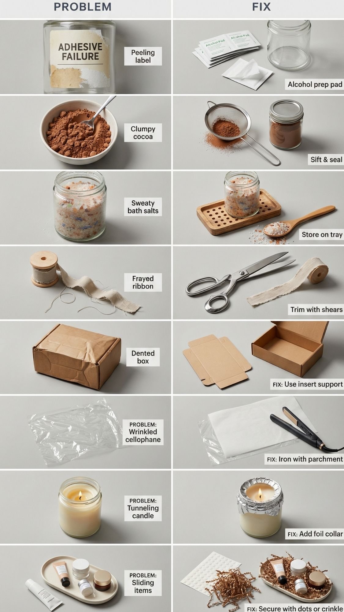 A side-by-side comparison chart with PROBLEM and FIX columns offers solutions for peeling labels, clumpy cocoa, sweaty bath salts, frayed ribbon, and more—perfect for anyone assembling cozy winter nights or creative DIY gift set ideas.