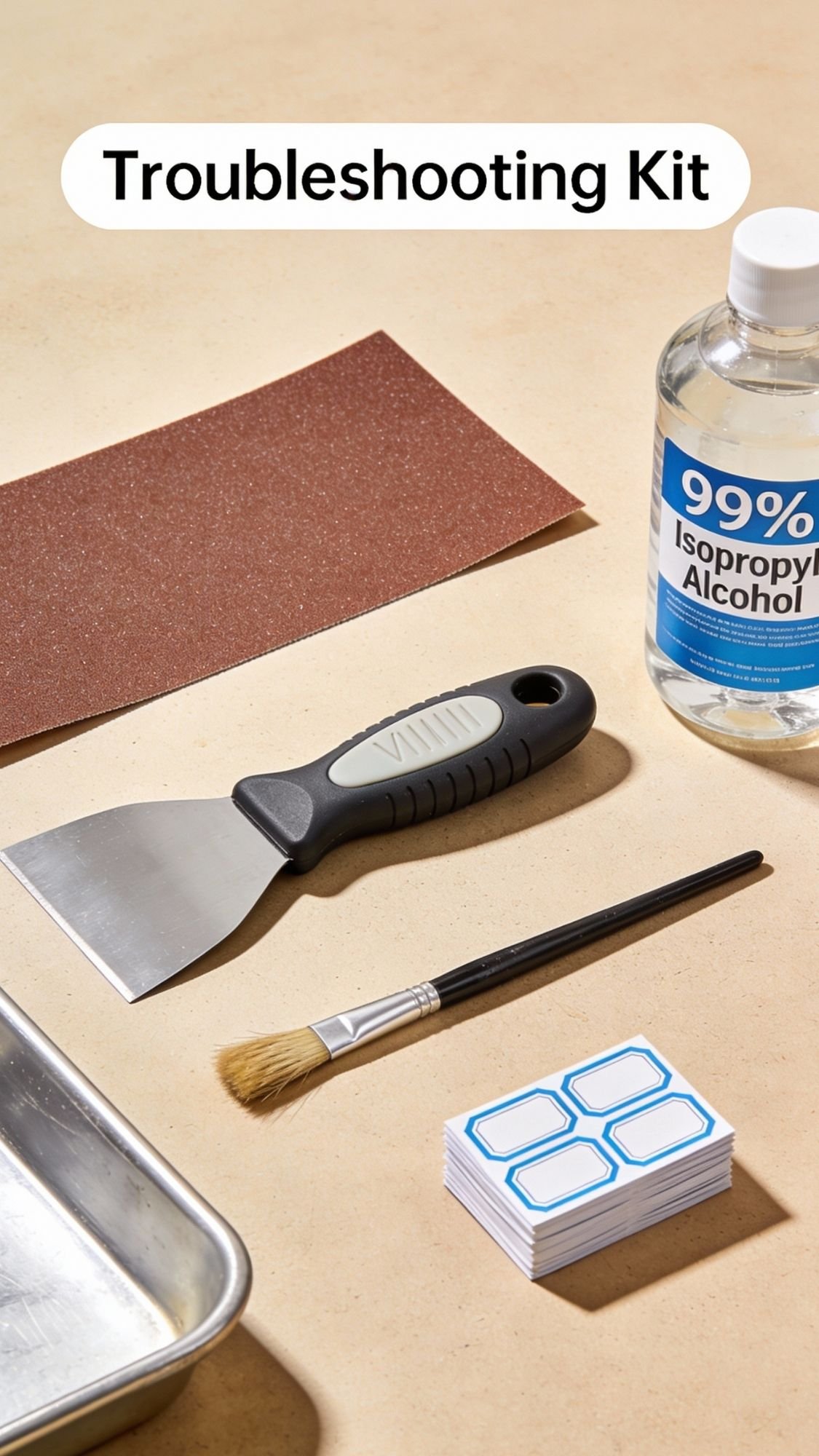 A practical DIY Gifts kit for Mom, featuring sandpaper, 99% isopropyl alcohol, a putty knife, brush, labels, and a metal tray—perfectly arranged on a beige surface for any creative project.