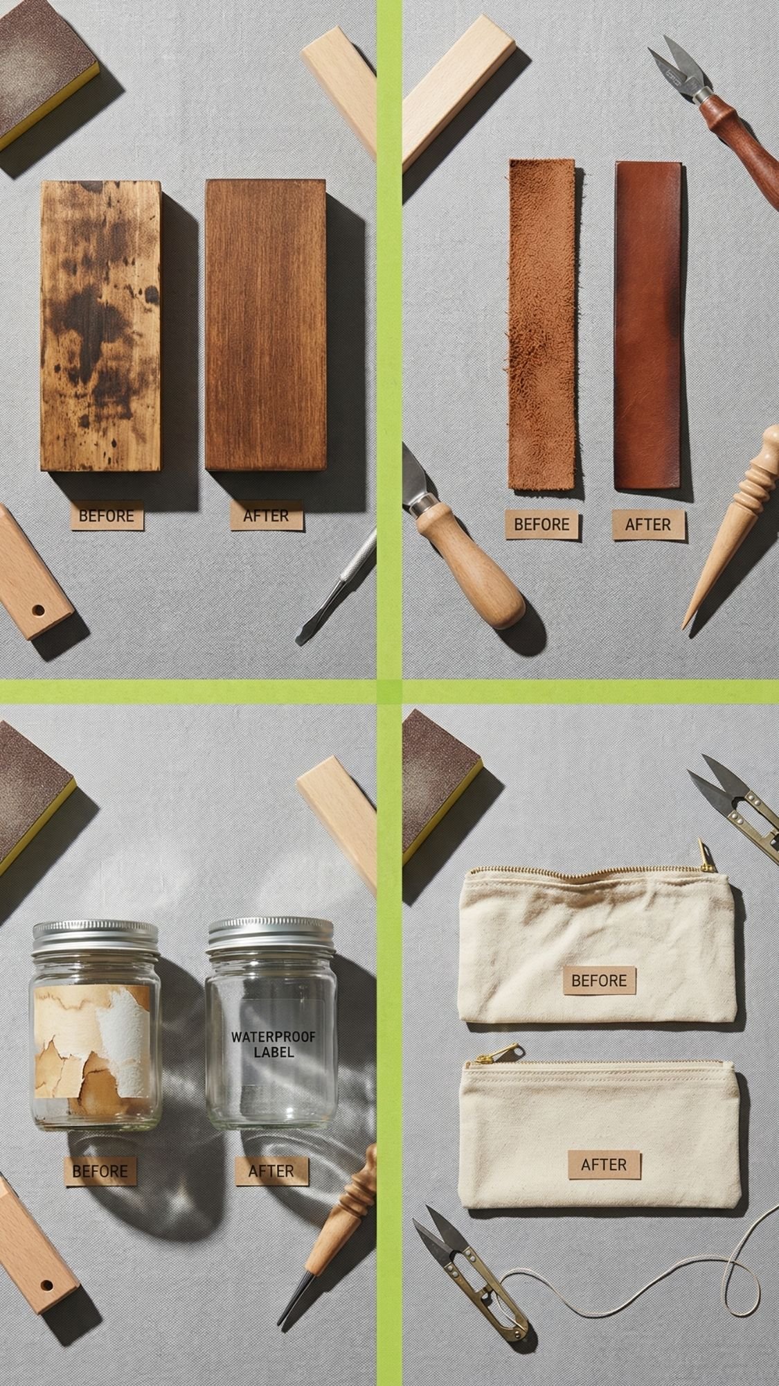 A grid of four before-and-after images: wood blocks, leather strips, glass jars, and canvas pouches—each showing visual improvement after treatment—alongside related tools. Perfect inspiration for handmade gifts or useful gifts for any occasion.