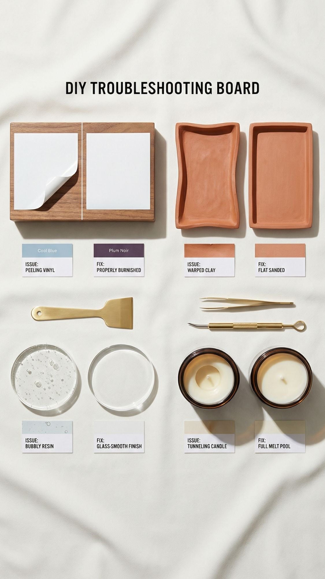 Overhead view of a “DIY Troubleshooting Board” featuring craft issues and fixes—perfect for refining handmade gift ideas like best friend gifts or other thoughtful creations they will actually use, with clear solutions and visual examples for each problem.