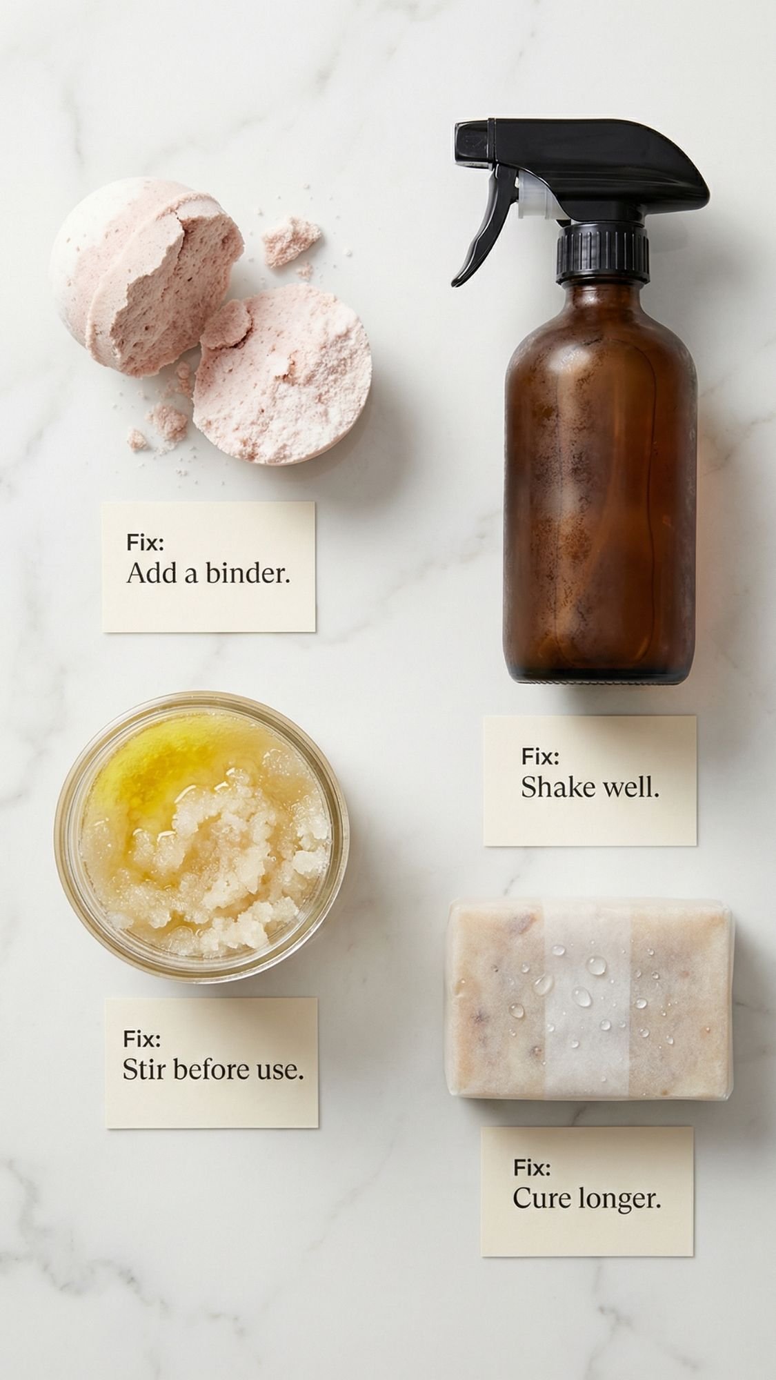 Four homemade DIY spa gifts on a white surface: crumbling bath bombs, a brown spray bottle, separated scrub in a bowl, and a soap bar. Labels suggest fixes for an at home spa: add binder, shake well, stir before use, cure longer.