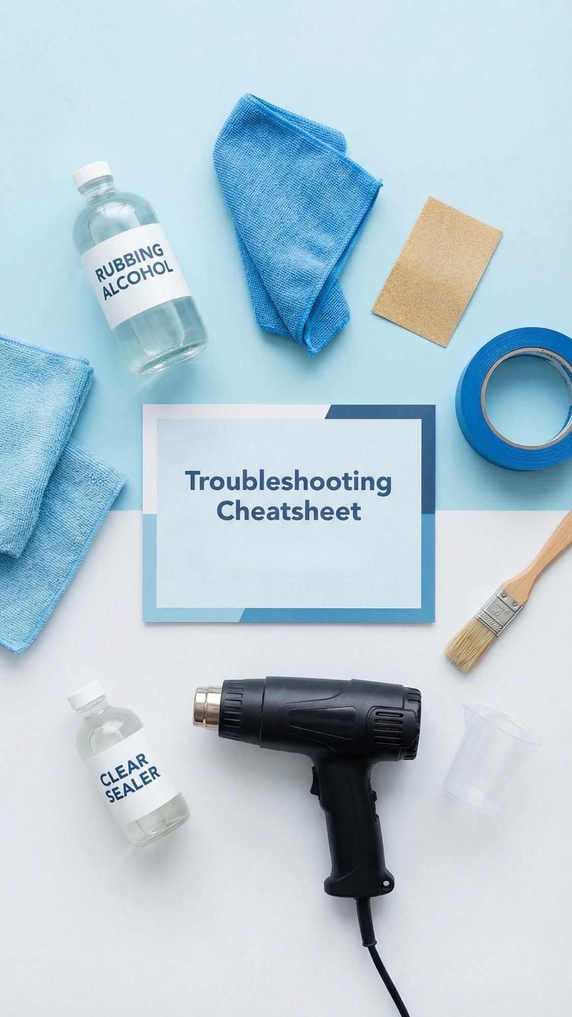Flat lay of troubleshooting tools, perfect for creating handmade birthday gifts, includes a heat gun, clear sealer, rubbing alcohol, blue cloths, sandpaper, blue tape, a brush, a small cup, and a Troubleshooting Cheatsheet on a blue and white background.