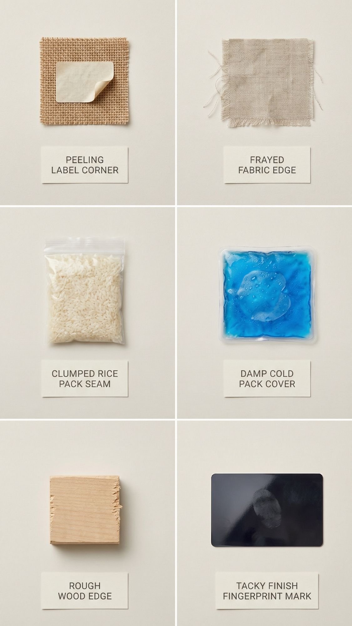 Six images display tactile textures: a peeling label corner, frayed fabric edge, clumped rice pack seam, damp cold pack cover—perfect for gentle gifts—a rough wood edge, and a tacky finish with a visible fingerprint mark.