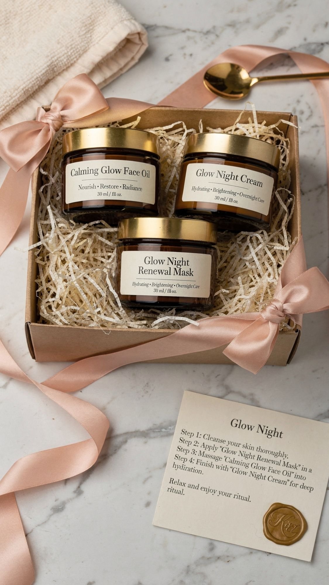 A gift box with three gold-lidded skincare jars nestled in shredded paper, tied with a blush pink ribbon, and an instruction card labeled “Glow Night”—perfect for DIY spa day gifts or relaxing presents for mom on a marble surface.