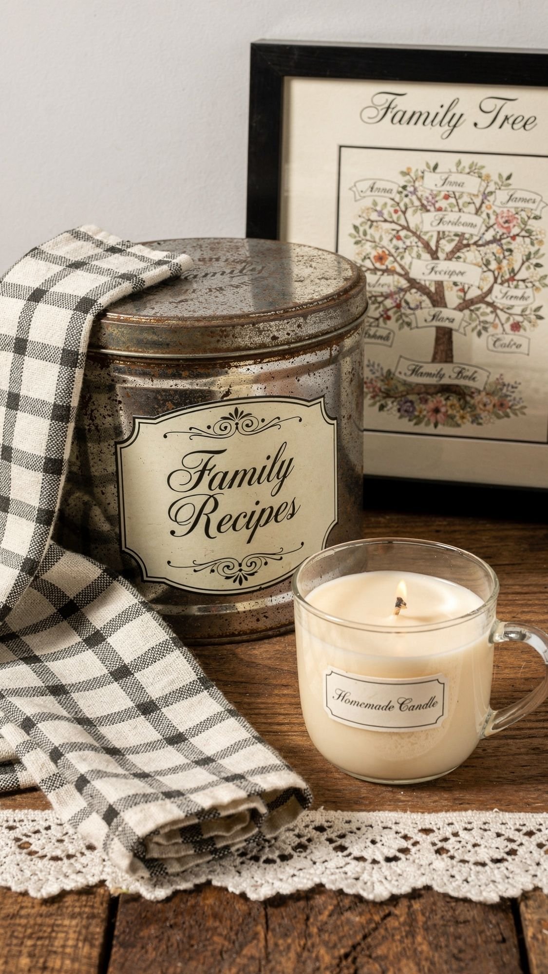 A metal tin labeled Family Recipes sits beside a burning homemade candle, a checkered cloth, and a framed family tree print on a lace-trimmed wooden surface—perfect inspiration for DIY presents for grandma.
