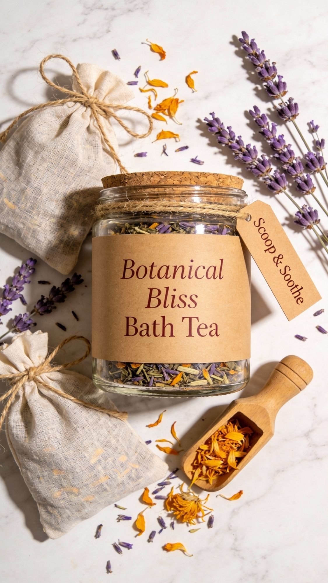 A jar labeled Botanical Bliss Bath Tea sits on a marble surface, surrounded by fabric sachets, dried lavender sprigs, a wooden scoop, and a tag reading Scoop & Soothe—perfect for DIY spa day gifts or relaxing at home spa experiences.