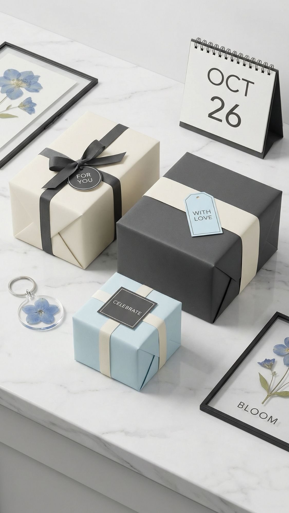 Three neatly wrapped gift boxes with tags, a clear keychain with a blue flower, a framed flower print, and a calendar displaying OCT 26 arranged on white marble—perfect inspiration for simple gifts for grandma.