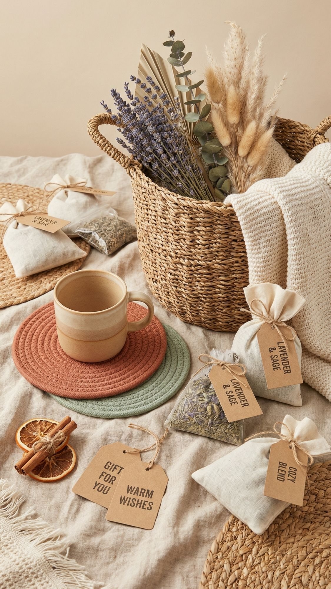 A cozy scene with a woven basket of dried flowers, a ceramic mug on round mats, sachets labeled Lavender & Sage, Cozy Blend, and gift tags reading Gift for You—perfect homemade gifts or DIY presents for grandma—all atop a beige cloth.