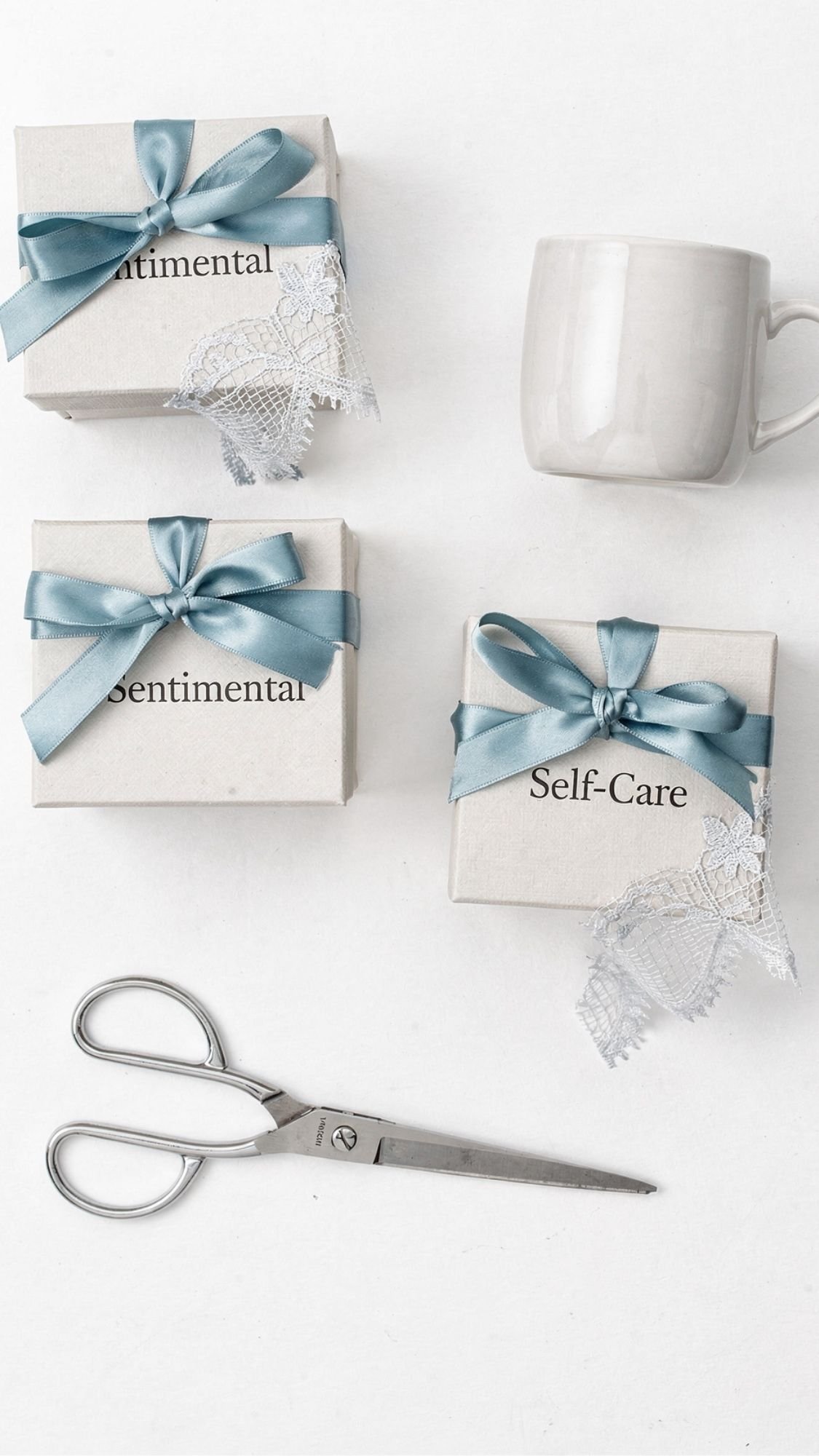 Three gift boxes with blue ribbons labeled Sentimental and Self-Care sit on a white surface next to a white mug and scissors. One box has lace peeking from under the ribbon, making them perfect as easy handmade gifts for any occasion.
