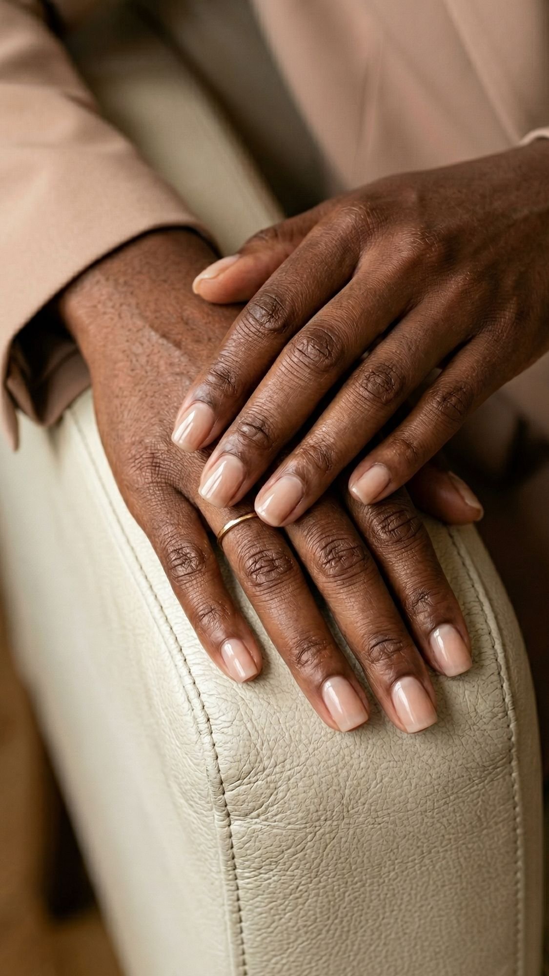 Close-up of two hands with neatly manicured, nude-colored wedding guest nails resting on the back of a light-colored upholstered chair. The person is wearing a beige or tan long-sleeve garment.