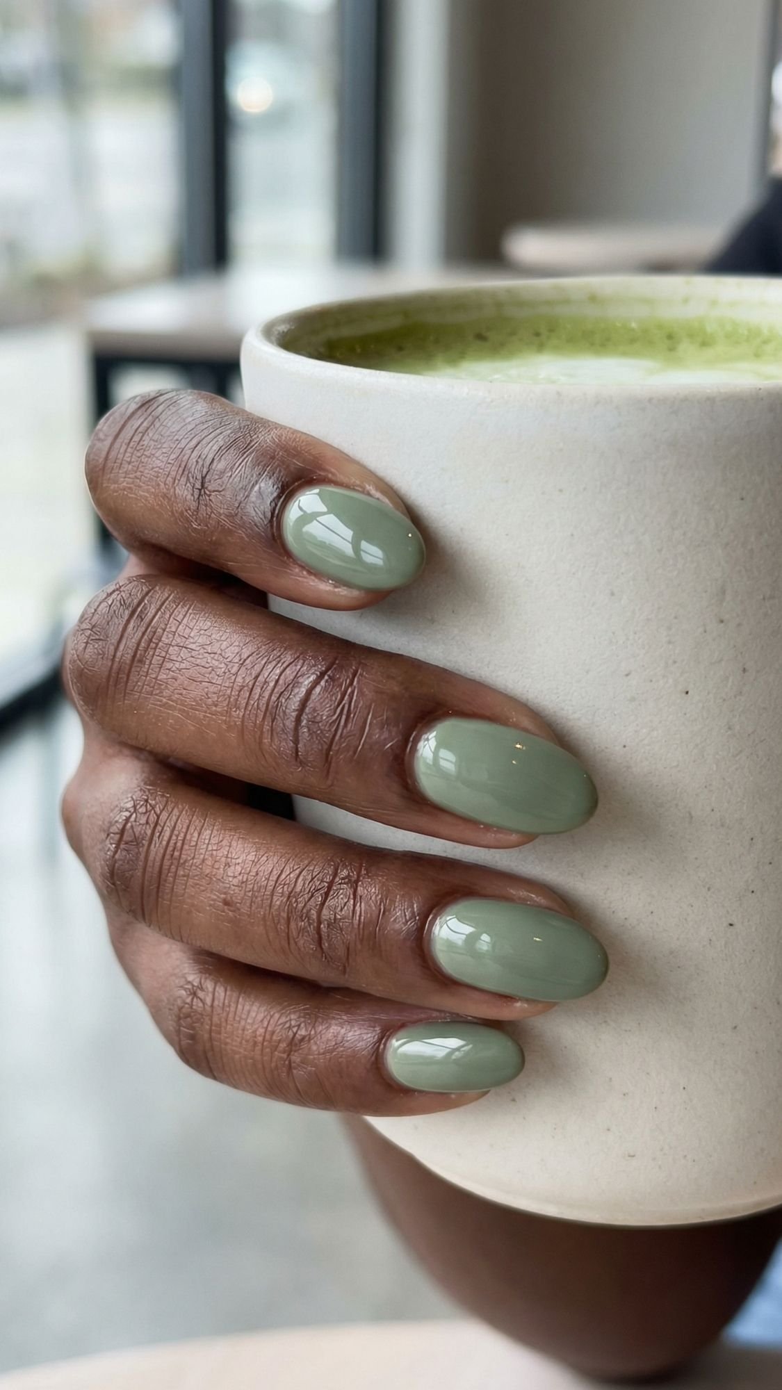 A hand with chic, light green, glossy oval-shaped nails holds a white ceramic mug filled with frothy matcha in a bright indoor setting—perfect inspiration for work friendly nails.