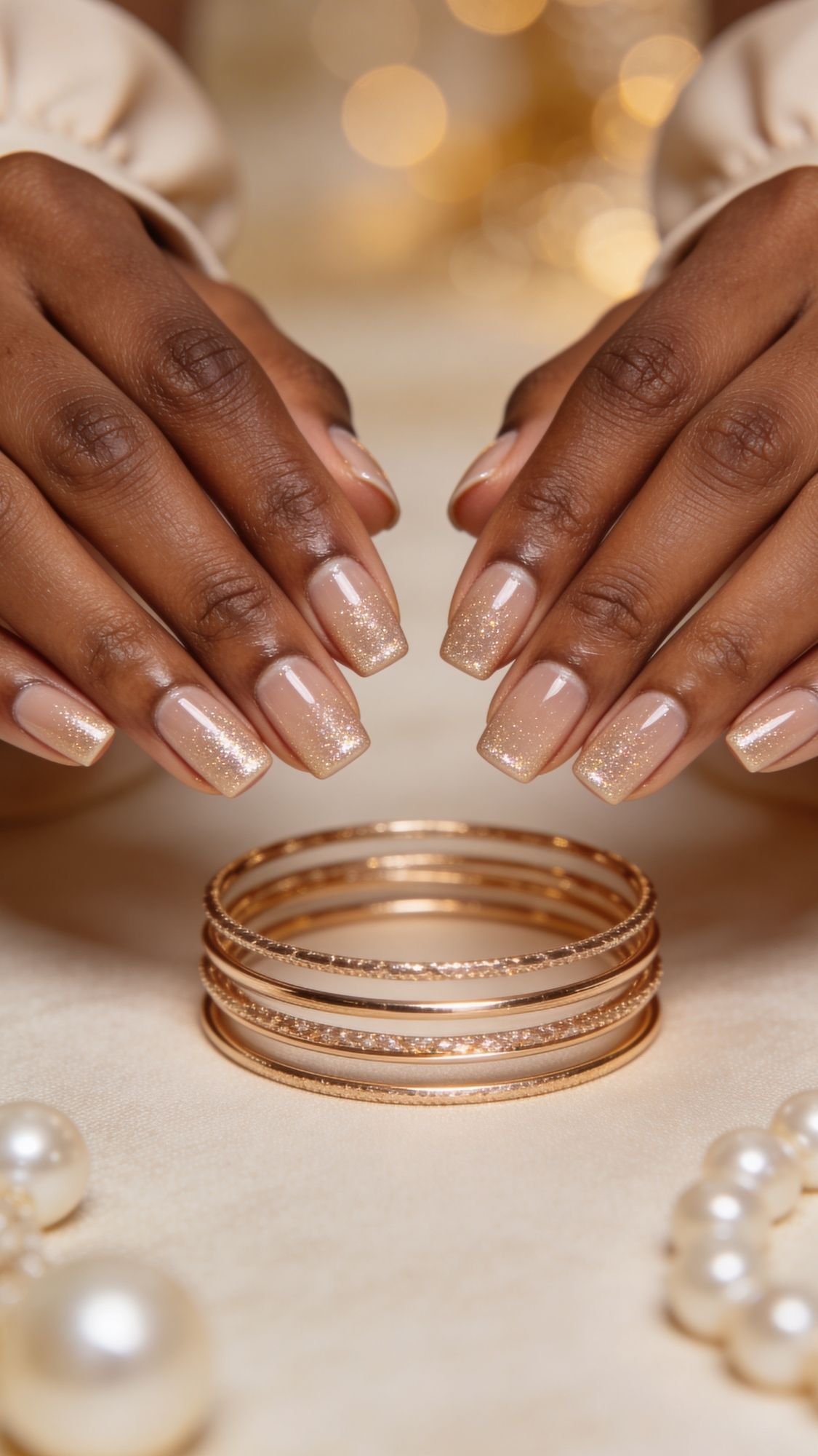 Two hands with glossy nude and gold glitter manicured nails—perfect wedding guest nails—are placed above gold bracelets on a beige surface, with pearl accessories nearby and a soft, golden background.