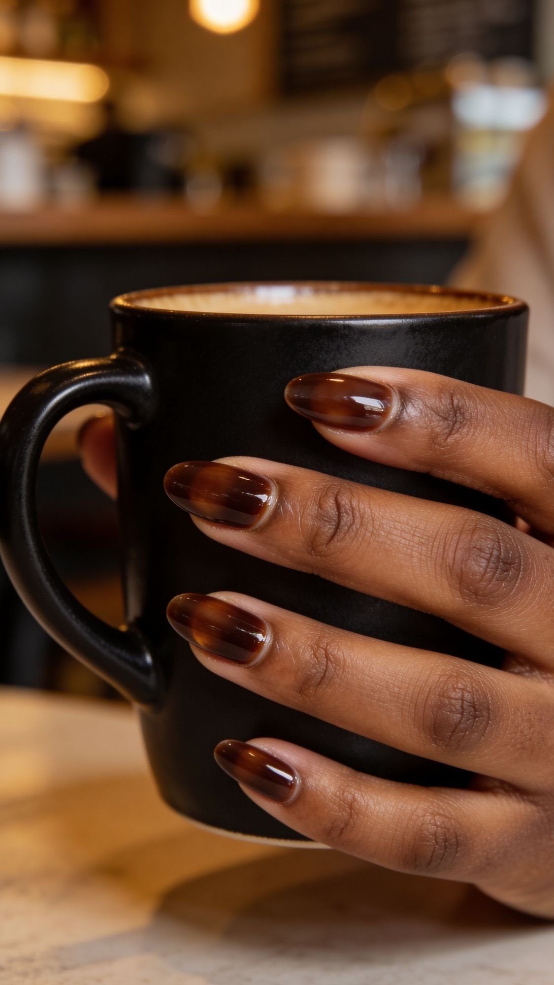 A close-up of a hand with long, glossy brown polished nails holding a black ceramic mug. The background is softly blurred, showing a warm indoor setting, perfect for an everyday look in a cozy café.