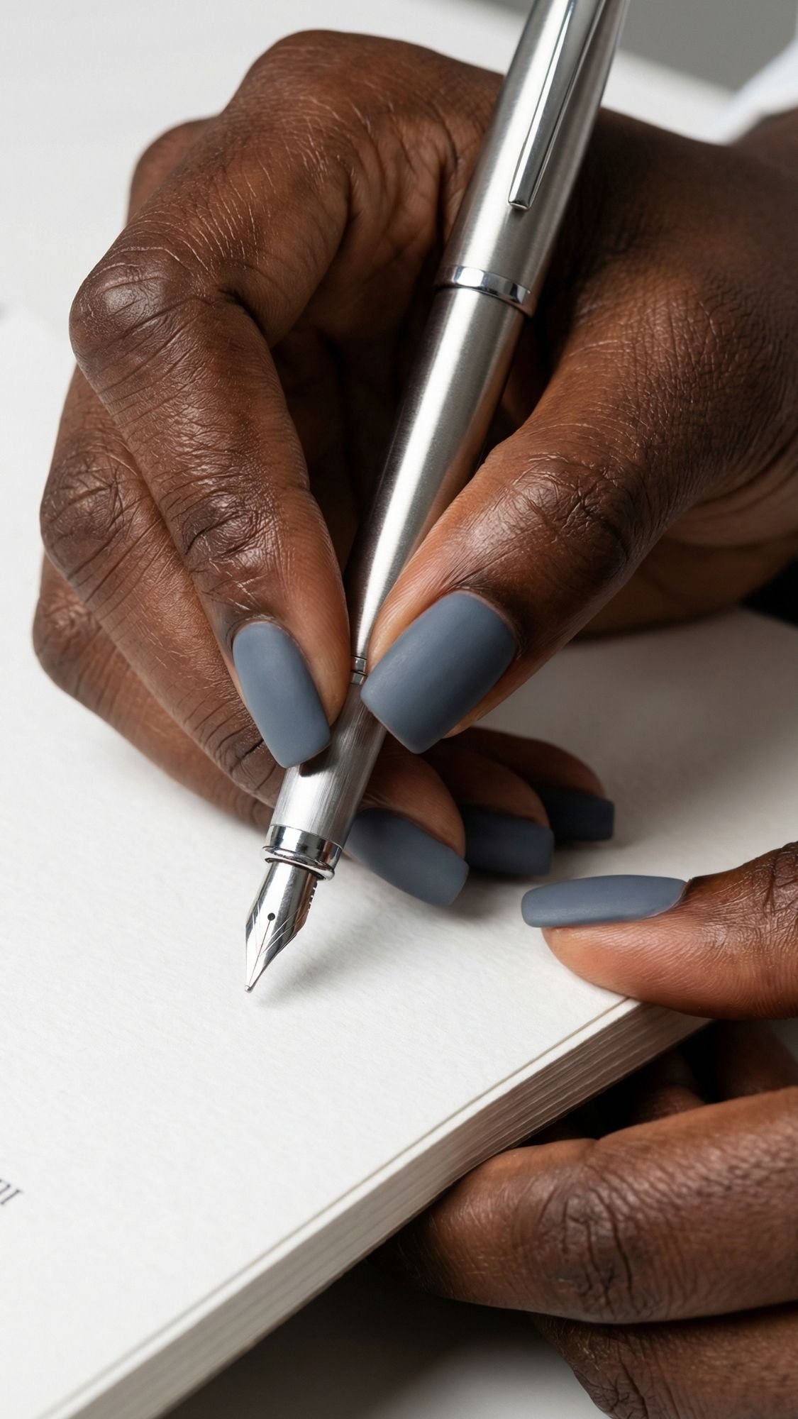 A close-up of a hand with chic matte gray nails holding a silver fountain pen, writing on a blank white page—perfect inspiration for work friendly nails and professional nail designs.