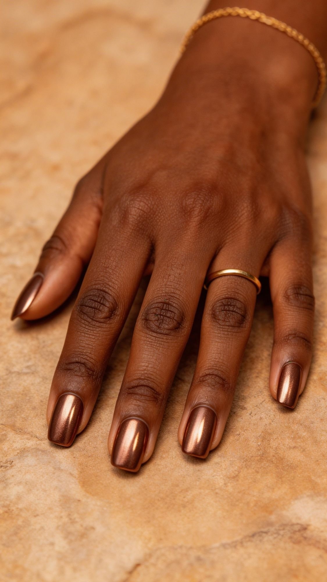 A hand with medium-brown skin tone rests on a tan surface, showcasing shiny chrome nails in a selfie. The metallic copper polish gleams, complemented by a thin gold ring on the ring finger and a delicate gold bracelet.