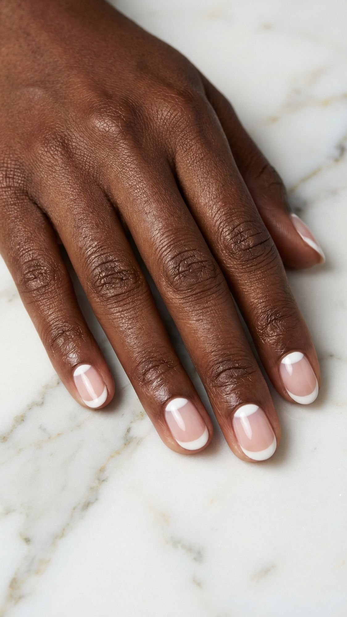 A hand with neatly manicured, work friendly nails featuring a minimalist French tip design, resting on a white marble surface.