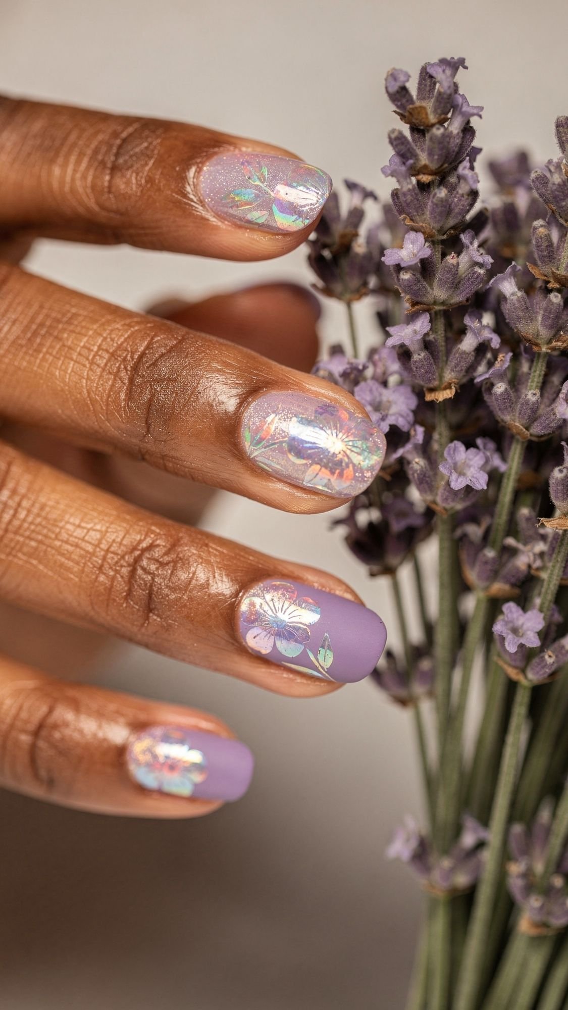 A hand with glossy, pastel purple and iridescent floral nail art sparkles as it holds a small bouquet of fresh lavender flowers—perfect for an Easter Holiday Nails occasion.