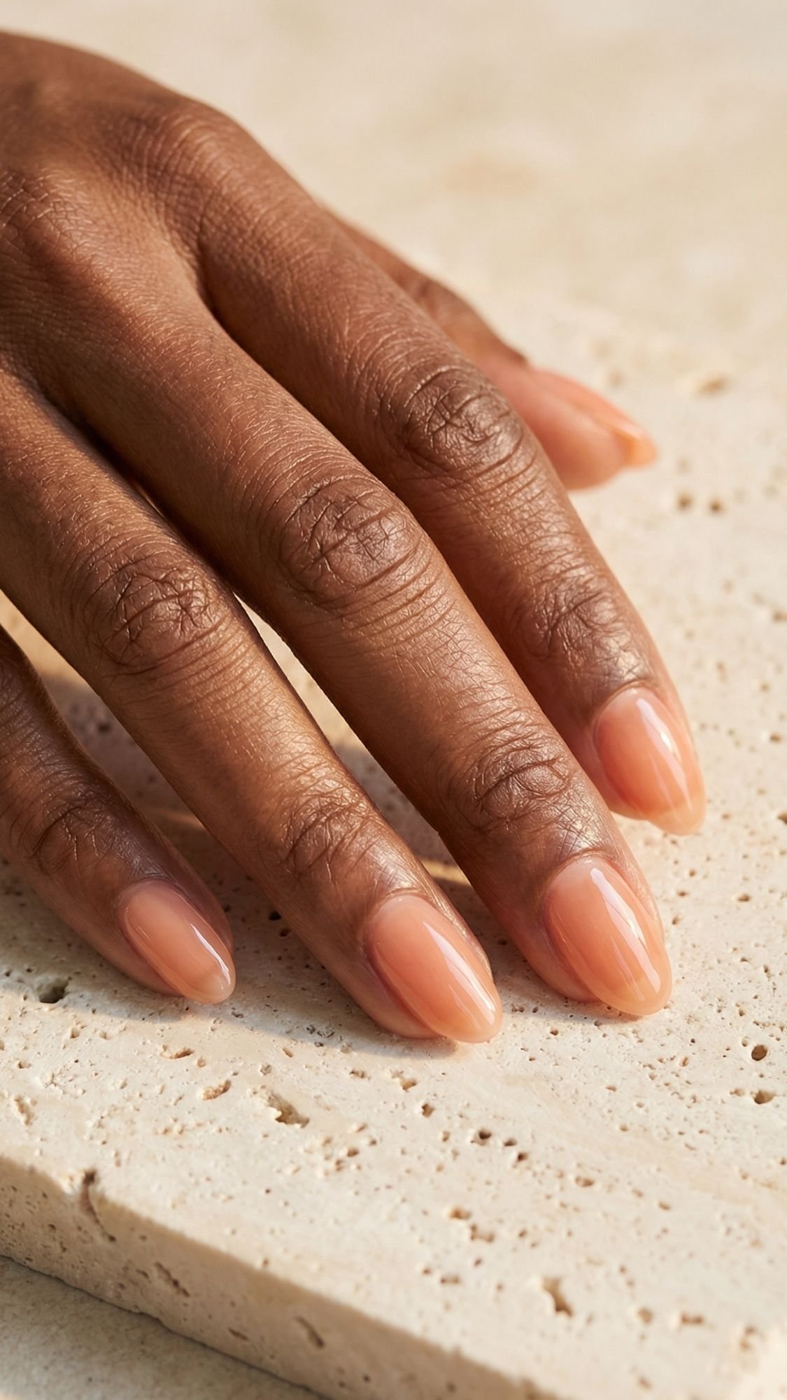 A close-up of a hand with medium brown skin resting on a light textured stone surface, showcasing neatly manicured fingernails painted with glossy nude peach polish—perfect for that polished everyday look.