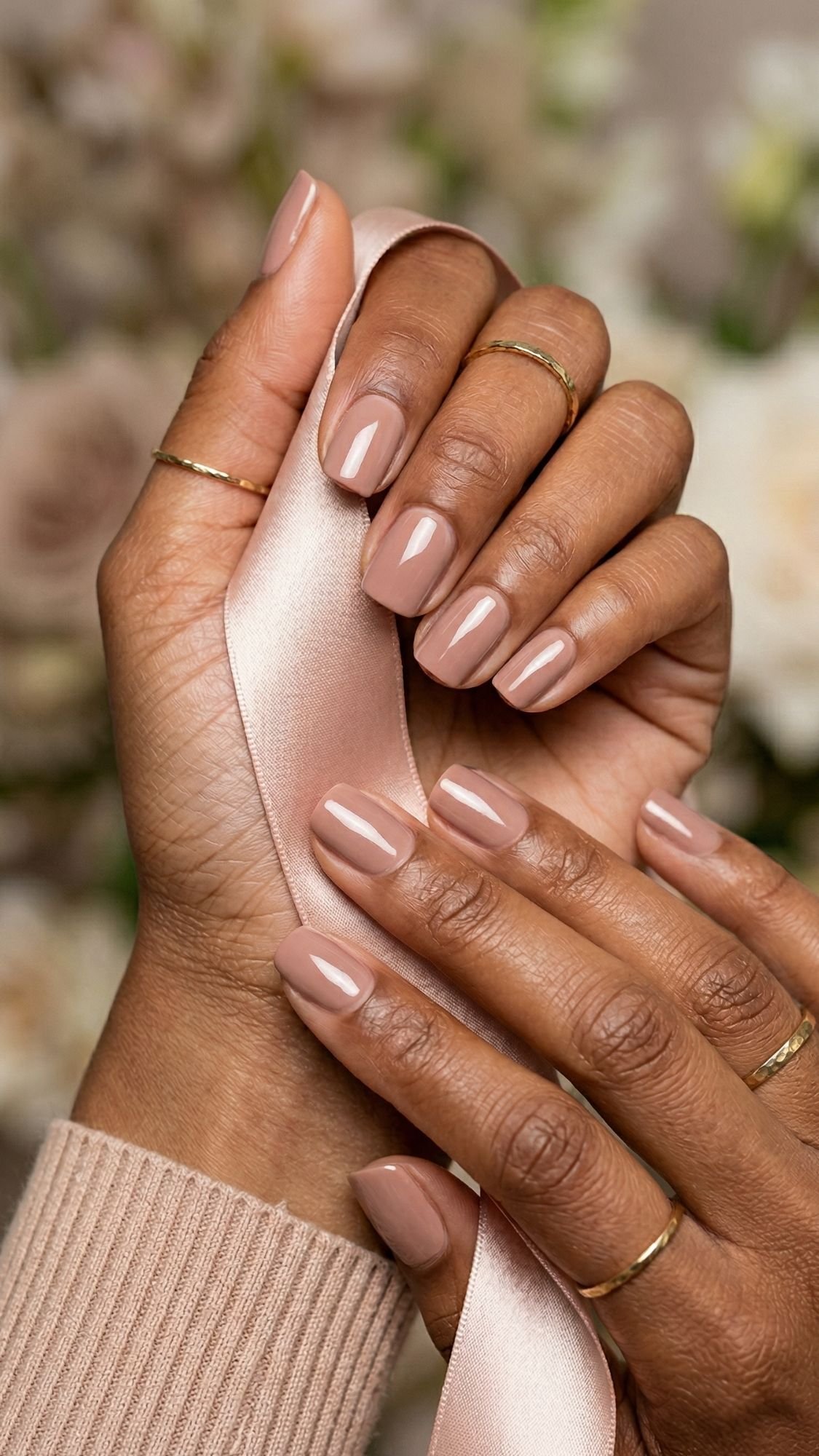 Close-up of hands with neatly manicured nails painted in a glossy nude shade—perfect wedding guest nails—holding a pale pink satin ribbon. Several delicate gold rings adorn the fingers, and a beige knit sweater sleeve is partially visible.