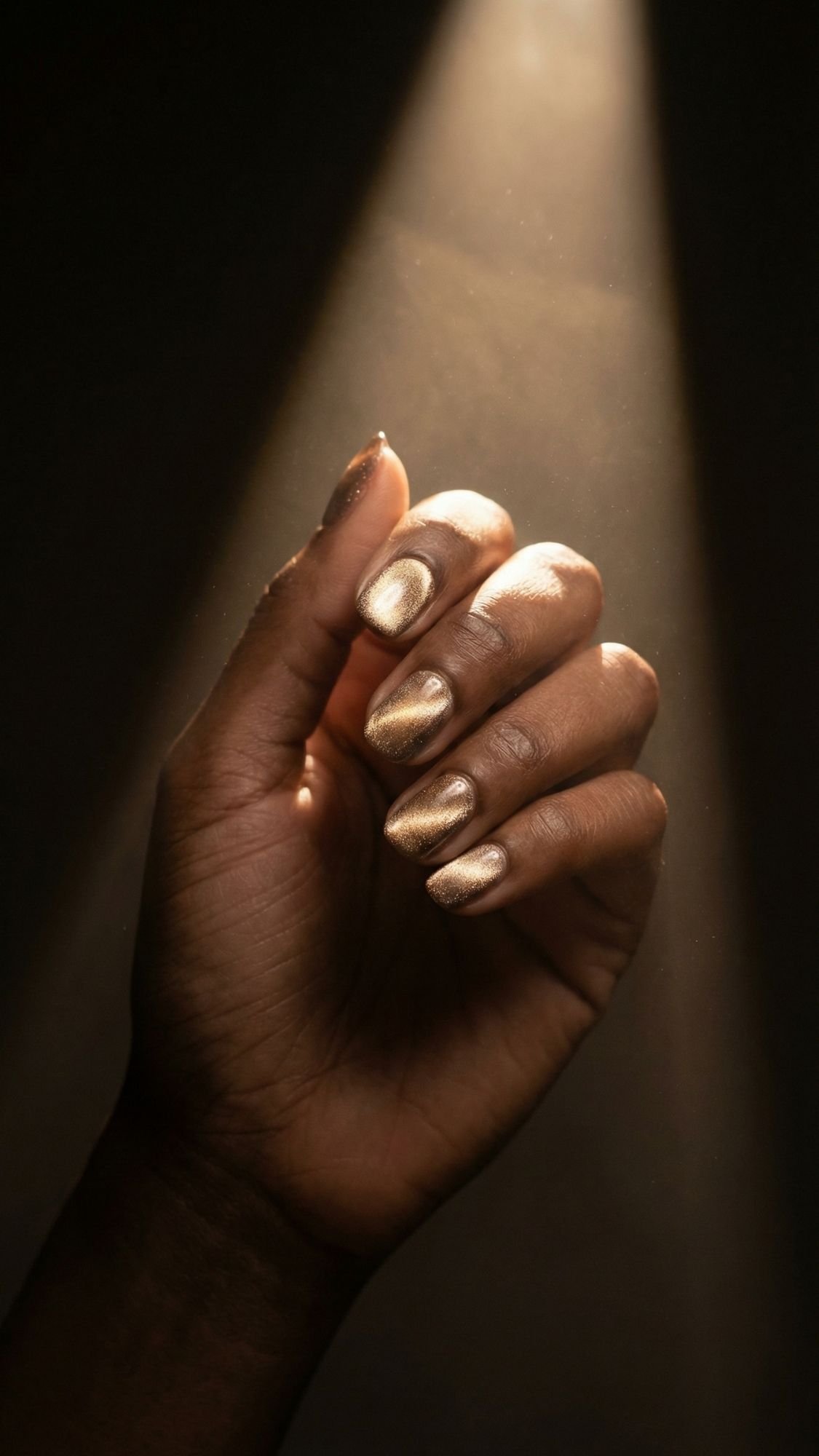 A hand with medium-dark skin and metallic gold nail polish showcases elegant nails, illuminated by a warm spotlight against a dark background.