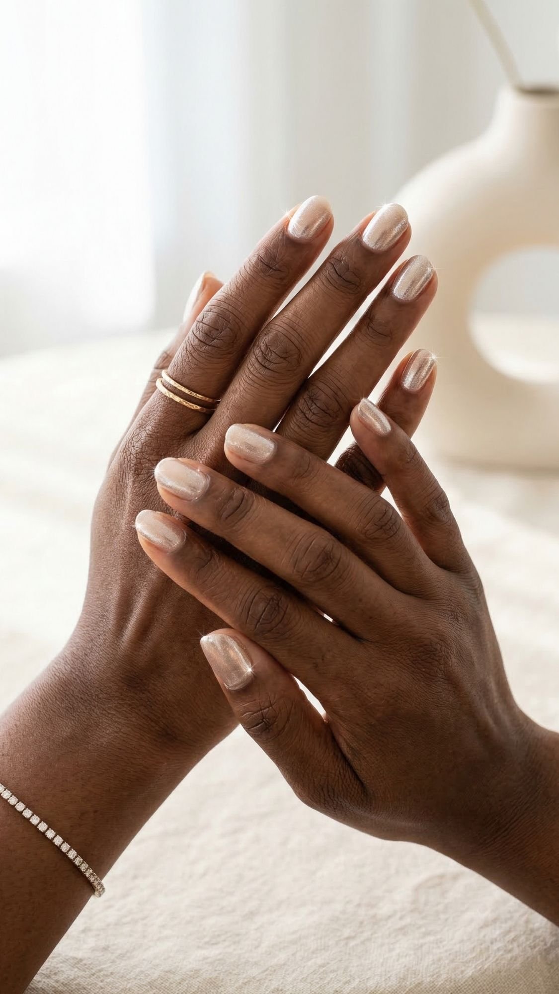 Close-up of two hands with elegant nails, neatly manicured and painted in a light, shimmery color. The person wears simple gold rings and a delicate bracelet, set against a soft, neutral background.