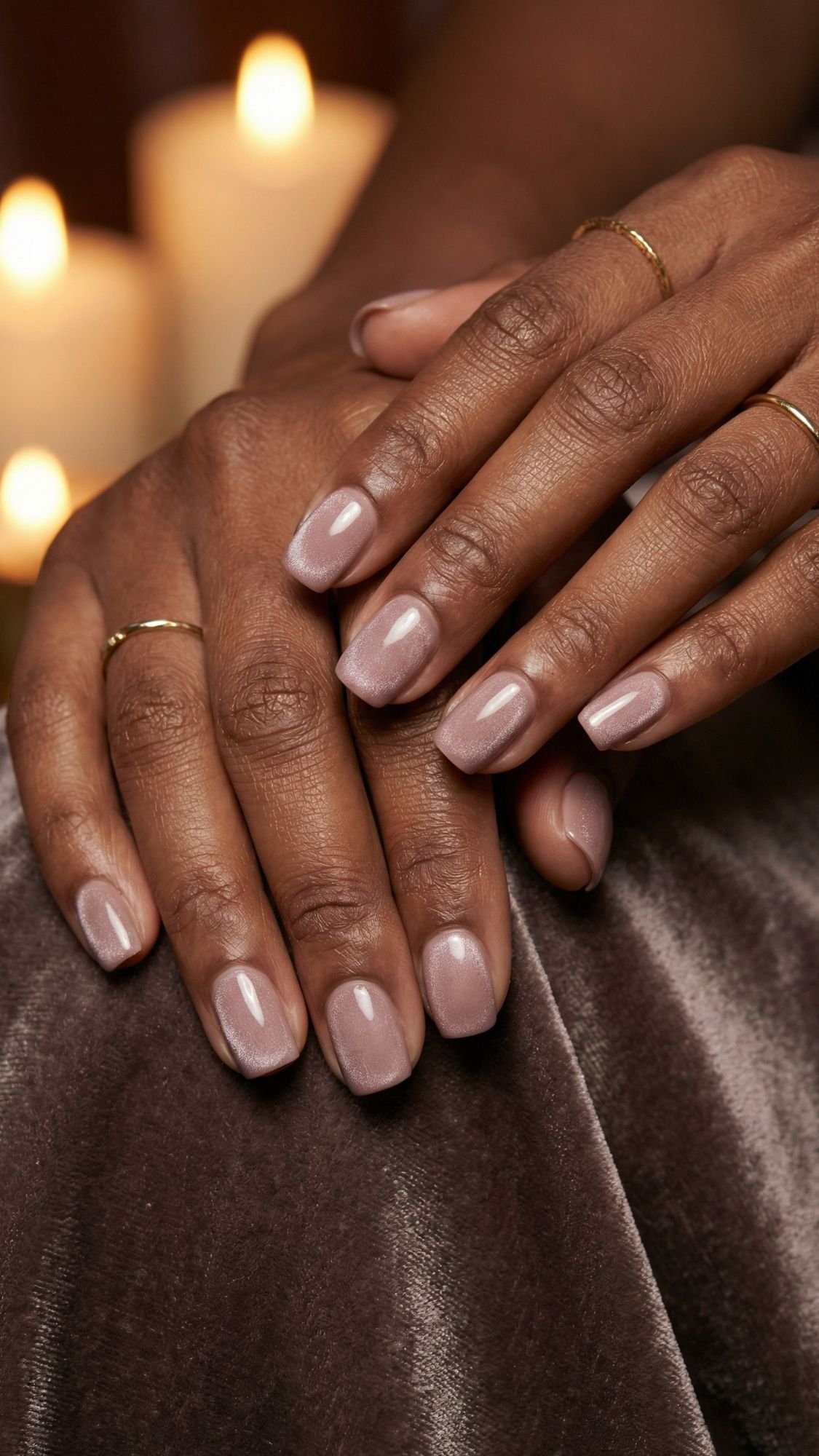 Close-up of hands with short, shiny nude pink manicured nails—perfect wedding guest nails—resting on soft, dark fabric. Thin gold rings adorn the fingers, while blurred candles glow in the background, creating a cozy atmosphere.