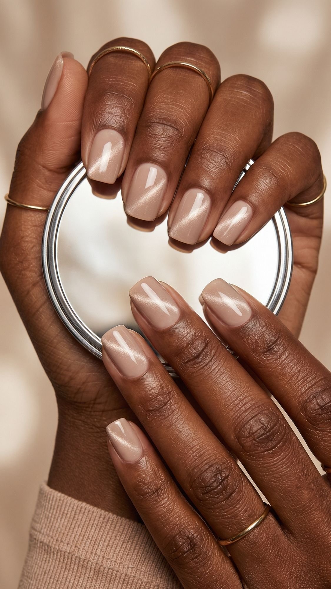 A close-up of hands with short, square-shaped nails painted in glossy nude polish, perfect wedding guest nails, holding a small round mirror. The person wears several thin gold rings on their fingers.